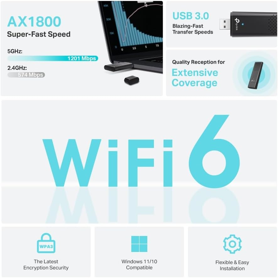 Adaptor wireless, WiFi 6 Dual Band, 1800 Mbs, cu USB 3.0, criptare WPA3, MIMO, OFDMA, doar pentru Windows 10, 11