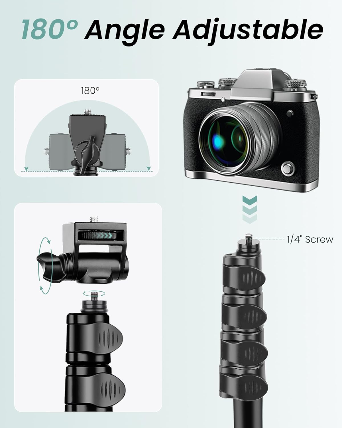 Trepied pentru telefon mobil si camera DSLR, inaltime 197 cm, trepied flexibil cu gat de lebada reglabil 25 cm, aluminiu robust, cap inclinabil 180°, telecomanda Bluetooth pentru selfie si filmari, suport pentru Vlogging, fotografie, streaming si YouTube