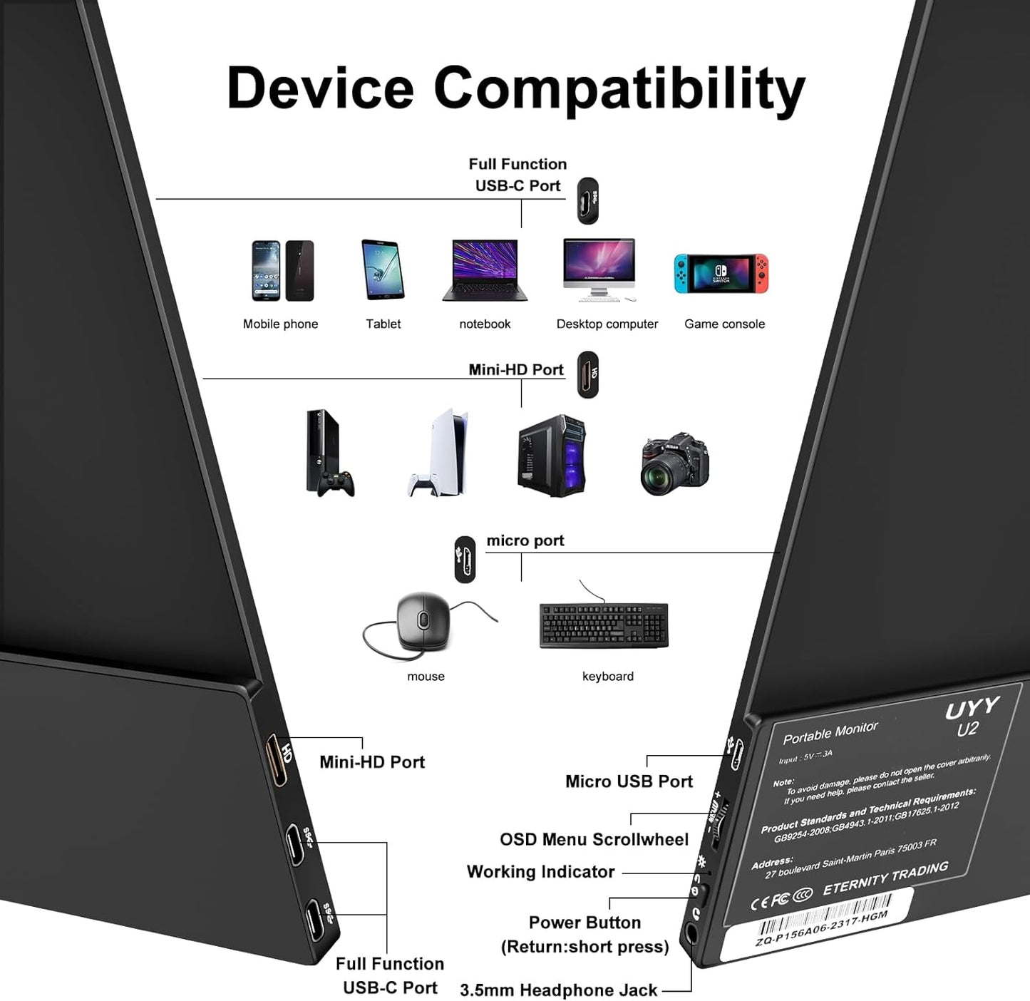 Monitor portabil 16.1 inch, 1080P Full HD 1920X1080, HDR, 16:9, 1200:1, mod Portret, Duplicat, Extend, Second Screen, USB-C, cu difuzor incorporat, pentru laptop, PC, PS5, Consola