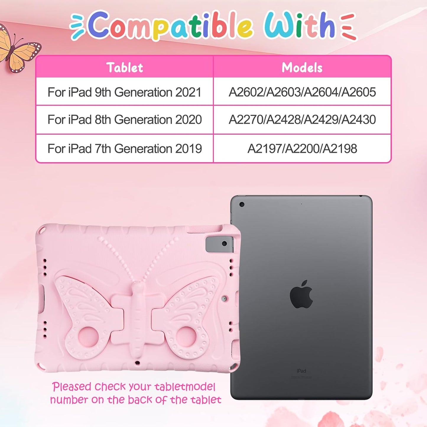 Husa pentru iPad a 9-a/a 8-a/a 7-a generatie, 10,2 inch, 2021/2020/2019, pentru copii , roz, rezistenta la socuri, cu suport tip fluture si curea de umar