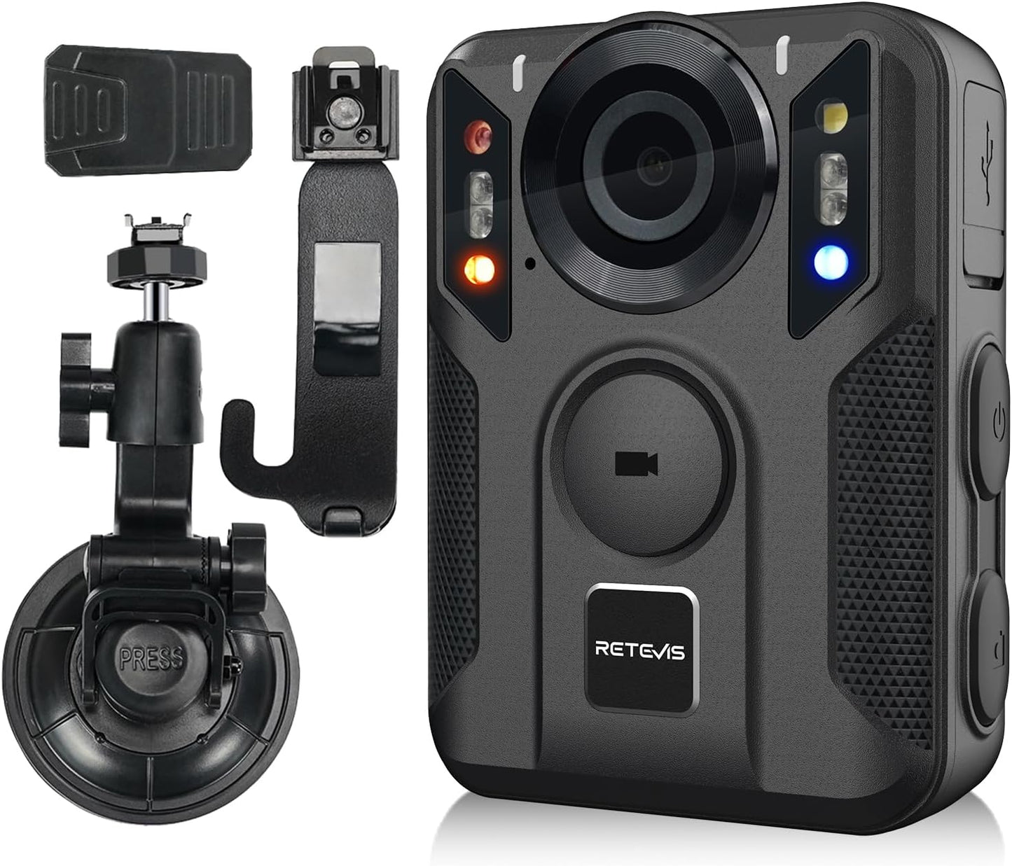 Camera video corporala, Bodycam 4K cu GPS, Nightvision, inregistrare in bucla, display, portabila, unghi larg 170°, 128 GB memorie, cu ventuza pentru masina si clema de haina
