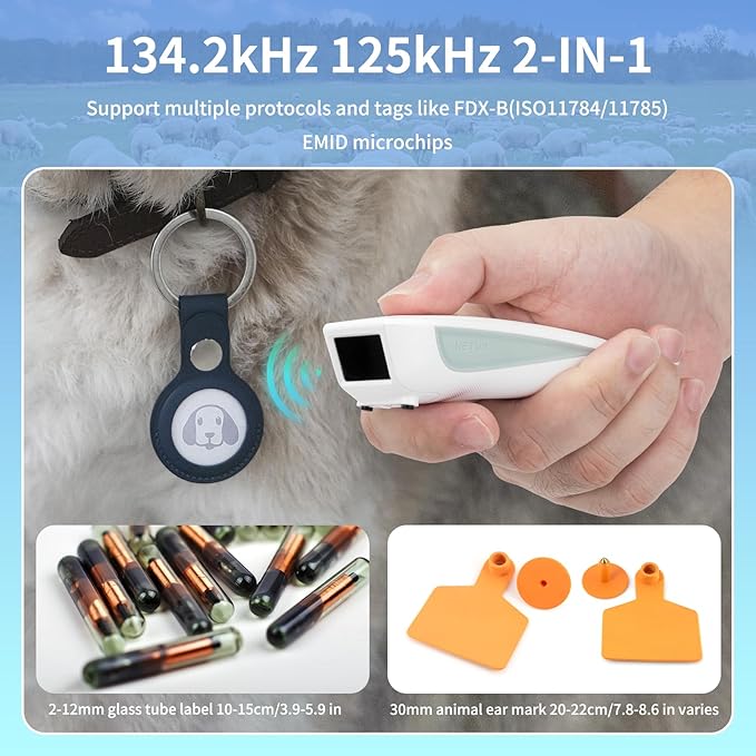 Cititor cipuri animale Bluetooth portabil, suporta tehnologie ISO 11784/11785, FDX-B, RFID EMID, 134.2kHz/125kHz, reincarcabil cu acumulator 1200 mAh, scanner RFID pentru caini, pisici si crotalii ureche