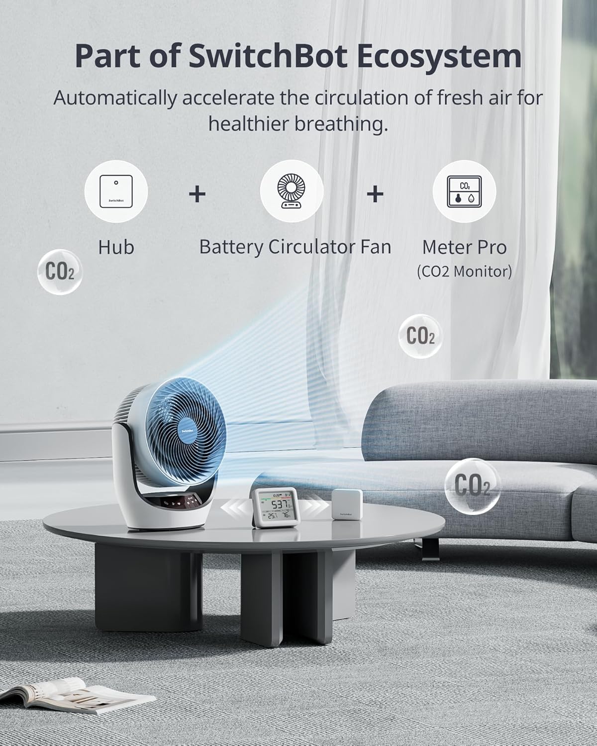 Detector de CO2 WLAN SwitchBot cu termometru-higrometru IP65 si Hub Mini Matter - senzor CO2 cu aplicatie, alarma, stocare date 2 ani si Bluetooth