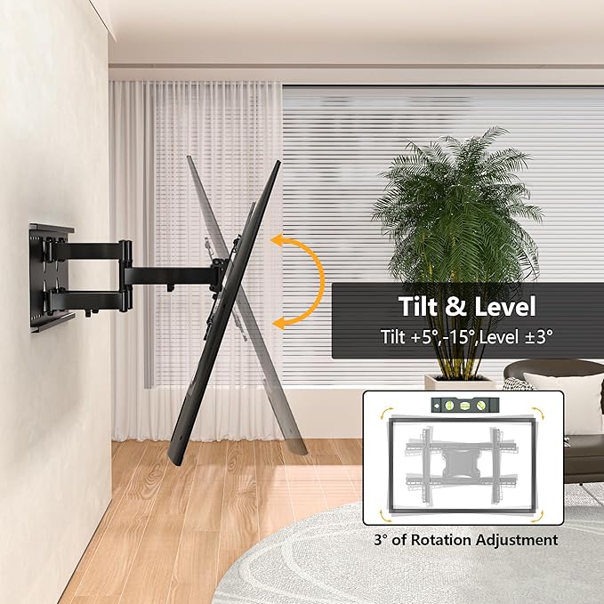 Suport TV perete, universal, diagonala 37 - 80 inch, max 65 kg, VESA 100 x 100 - 600 x 400, brat dublu, extindere si retragere 60-360mm, inclinare 5° sus si 15° jos, nivela, cablu HDMI de 1,8 m, ancore perete, pentru televizoare plate sau curbate