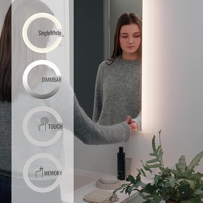 Oglinda de baie cu iluminare LED frontala si spate, 60 x 70 cm, reglabila cu functie tactila, functie memorie, impermeabil IP44, culori clare si naturale, alb