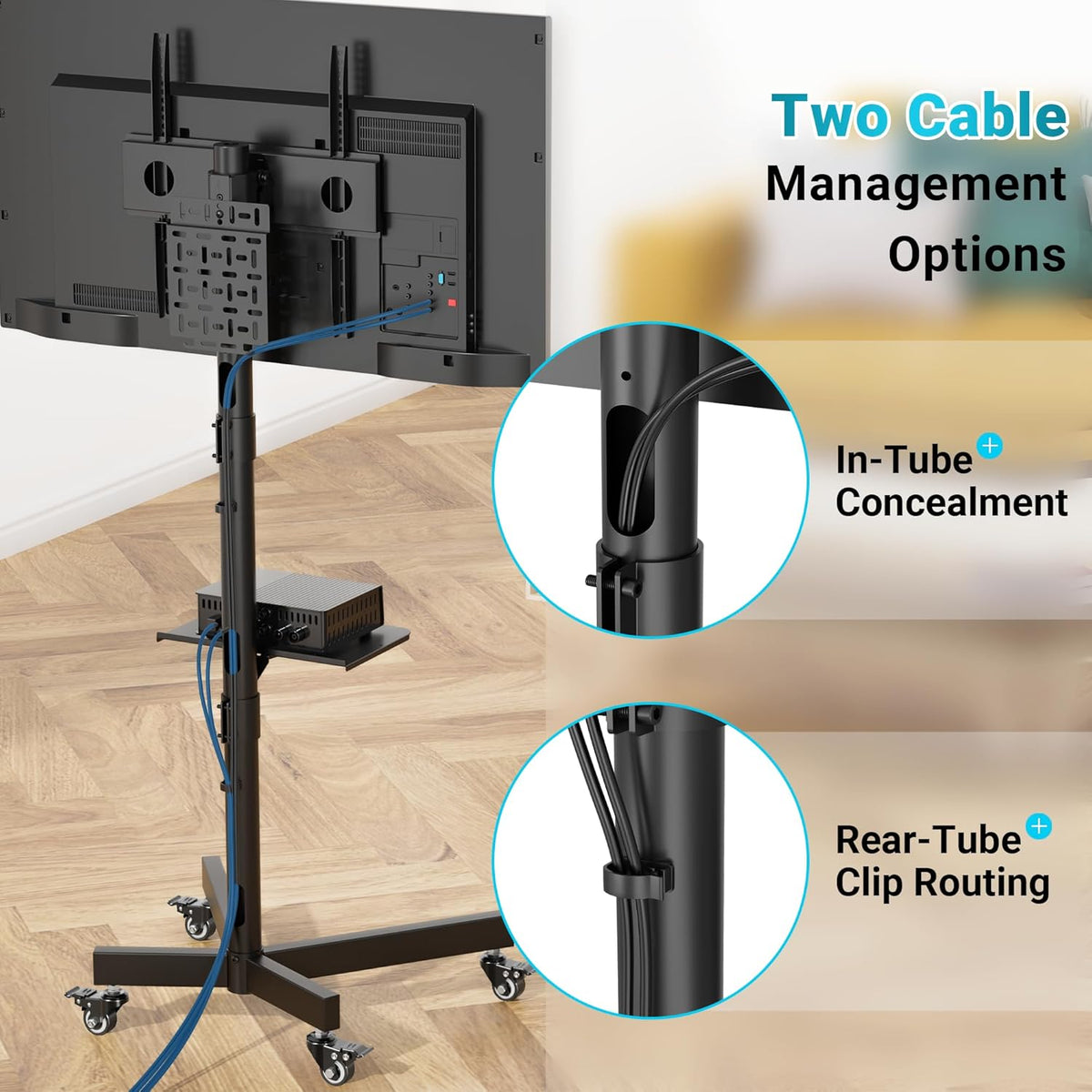 Suport TV mobil cu roti pentru televizoare de 23-55 inch, reglabil pe inaltime si inclinare +6°/-3°, compatibil VESA 400x400, cu raft pentru laptop/consola, pentru LED, LCD, OLED, Plasma, capacitate 40 kg, negru