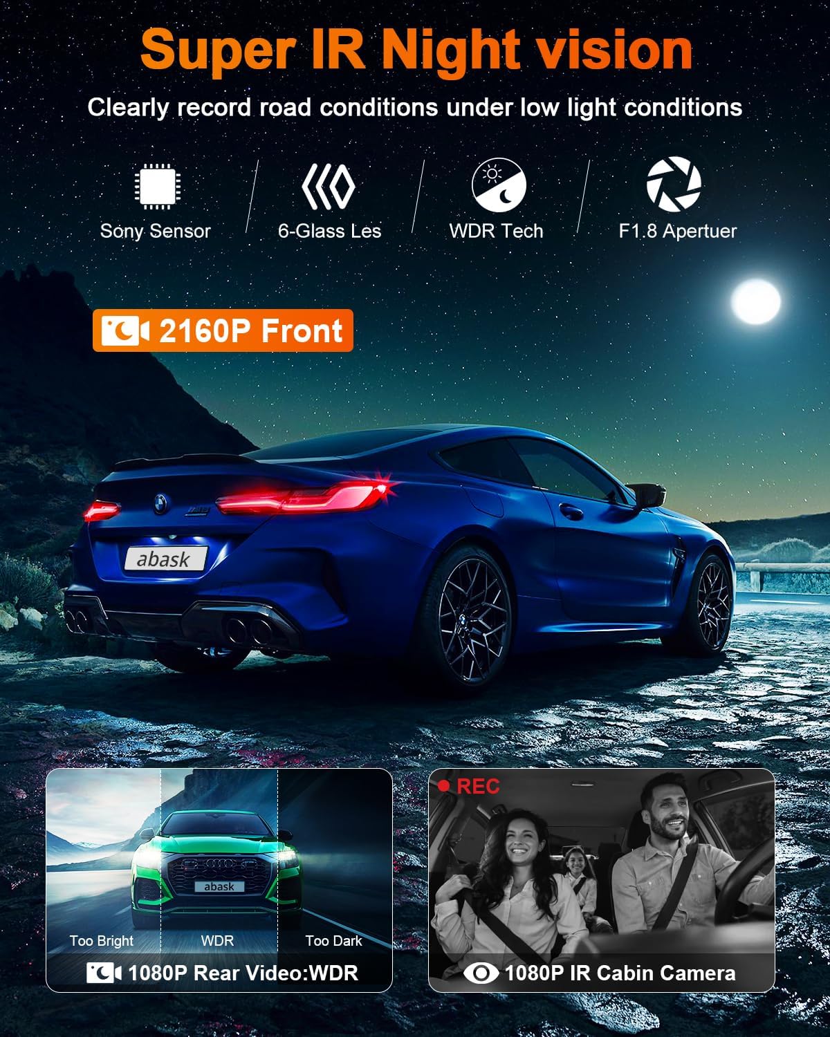 Camera auto de bord cu WiFi, GPS si 3 canale, camera marsarier, inregistrare fata si habitaclu, 4K, nightvision, G-Sensor, monitorizare parcare, ghidaj parcare, inregistrare in bucla, ecran de 2.45 inch