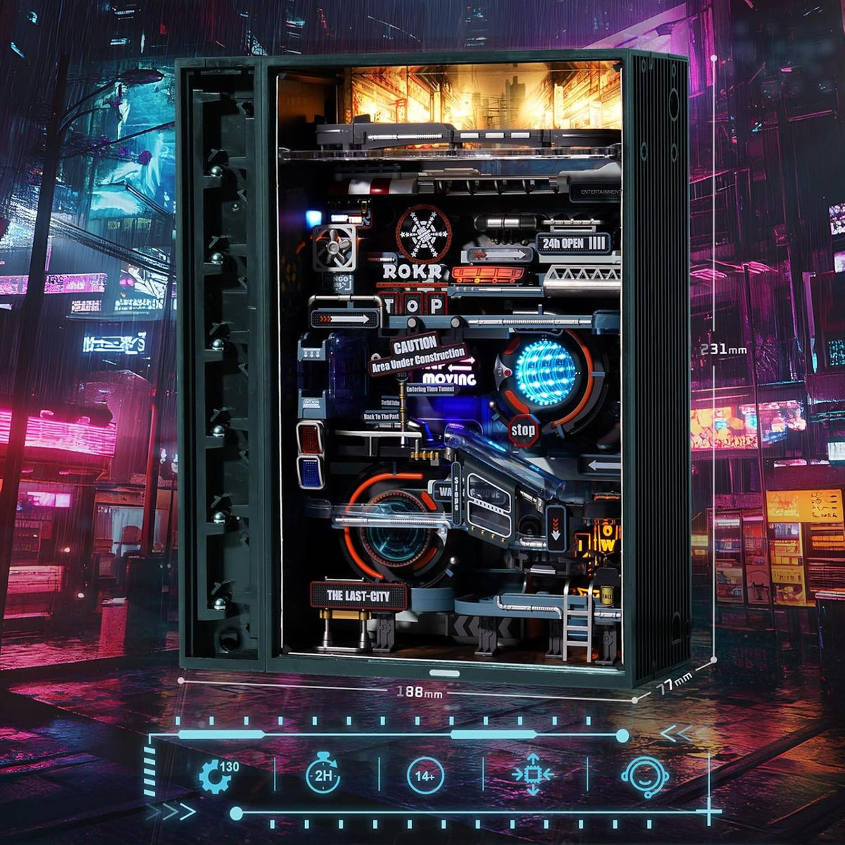Puzzle 3D Marble Run Lumea paralela, electric, model Cyberpunk, calatorie bile 187 cm, 6 seturi de lumini, peste 10 efecte de lumina, pentru adulti, negru