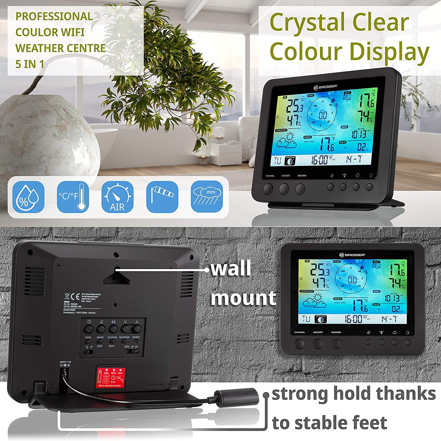 Statie meteo Bresser 5 in 1, cu afisaj color, conexiune WiFi, cu senzor profesional, afisare tendinte meteo