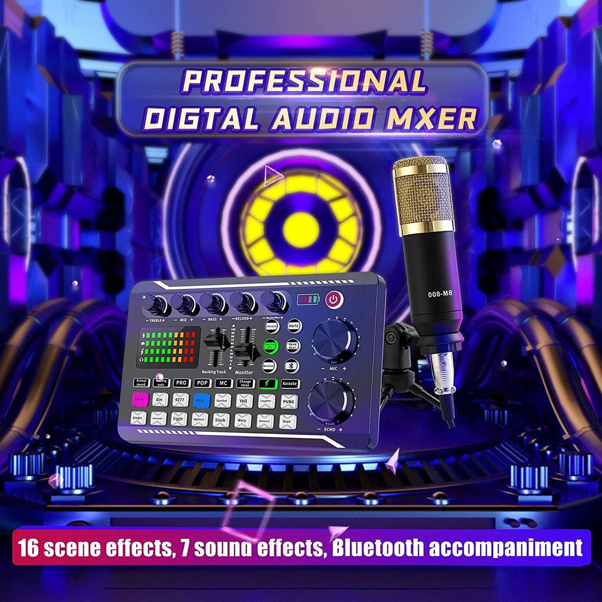 Set microfon podcast ALLWIN cu condensator cardioid BM‑800 si mixer audio USB F988, placa de sunet DSP Dual, suport reglabil si filtru Pop, pentru Streaming, Podcasting si inregistrare PC, Laptop, telefon, tableta