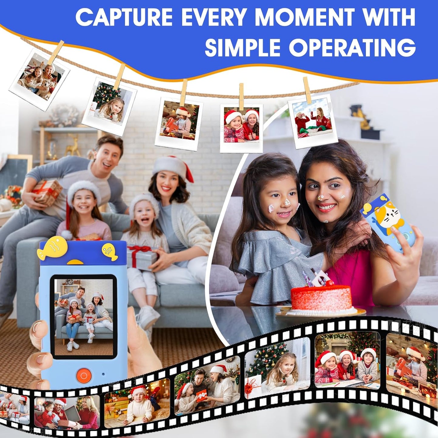 Camera digitala pentru copii 48MP, cu lentila rotativa la 180°, card de 32 GB, ecran LCD 2.8 inch, player MP3, echipata cu functii educationale in limba Engleza, jucarie tip telefon mobil pentru copii de la 3 la 8 ani