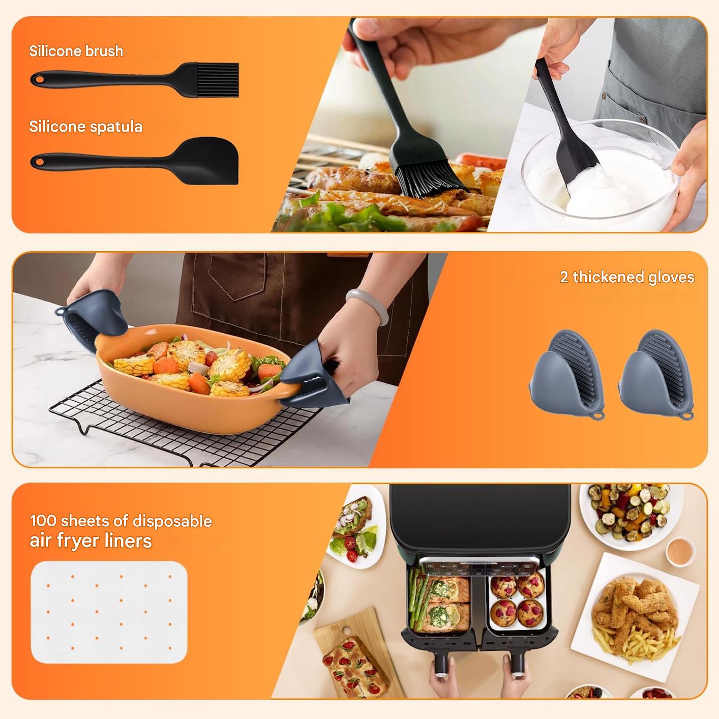 Set 17 accesorii pentru friteuza cu aer cald Ninja Foodi AF300EU, AF400EU, AF500EU, dual zone 7.6L-9.5L, silicon alimentar fara BPA si inox 304, 2 insertii silicon, gratar pentru gatit si frigarui, forme briose, manusi, cleste si 100 foi hartie de copt