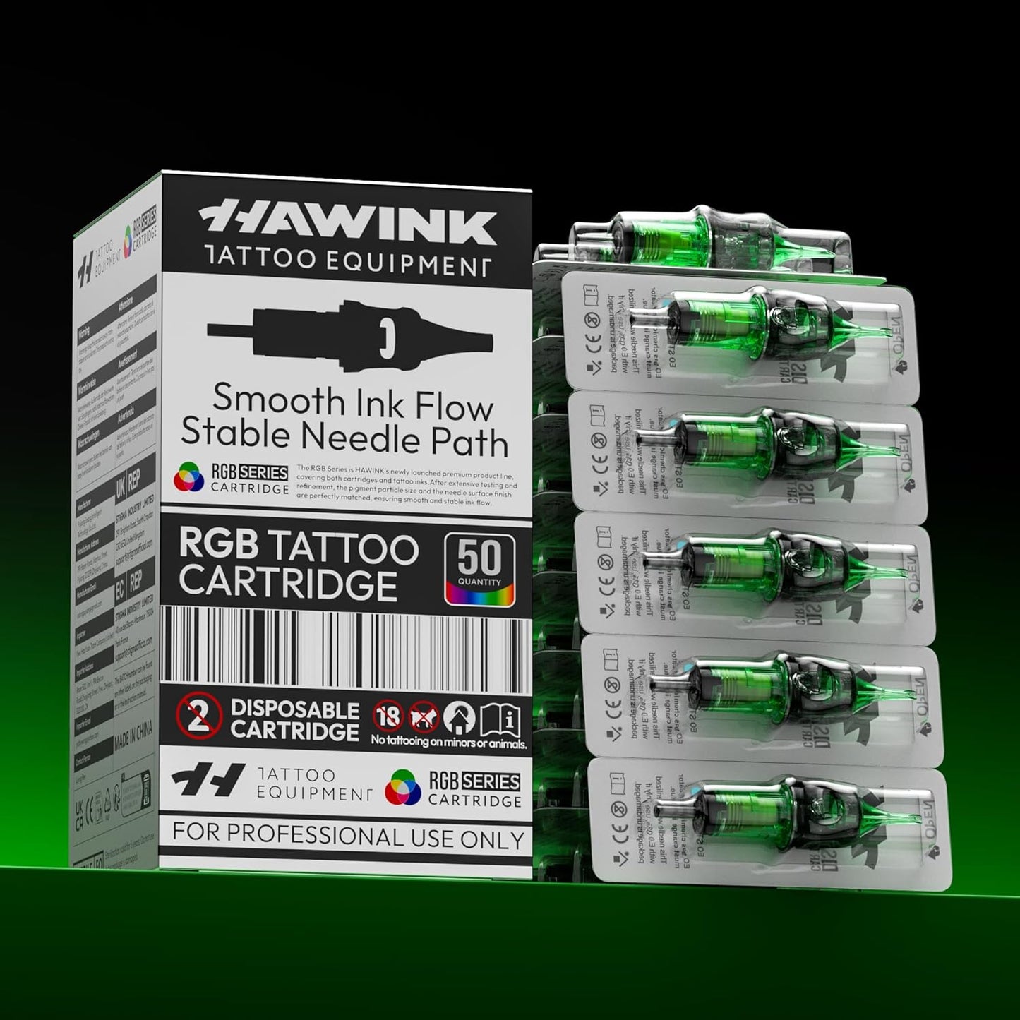 Set 50 ace de tatuat profesionale HAWINK unica folosinta #12 RGB rotunde Standard Liner 0, 35 mm, 5 tipuri modul ace 3RL, 5RL, 7RL, 9RL, 11RL din otel inoxidabil, accesorii pentru incepatori si artisti EN20-FG-50KIT-E