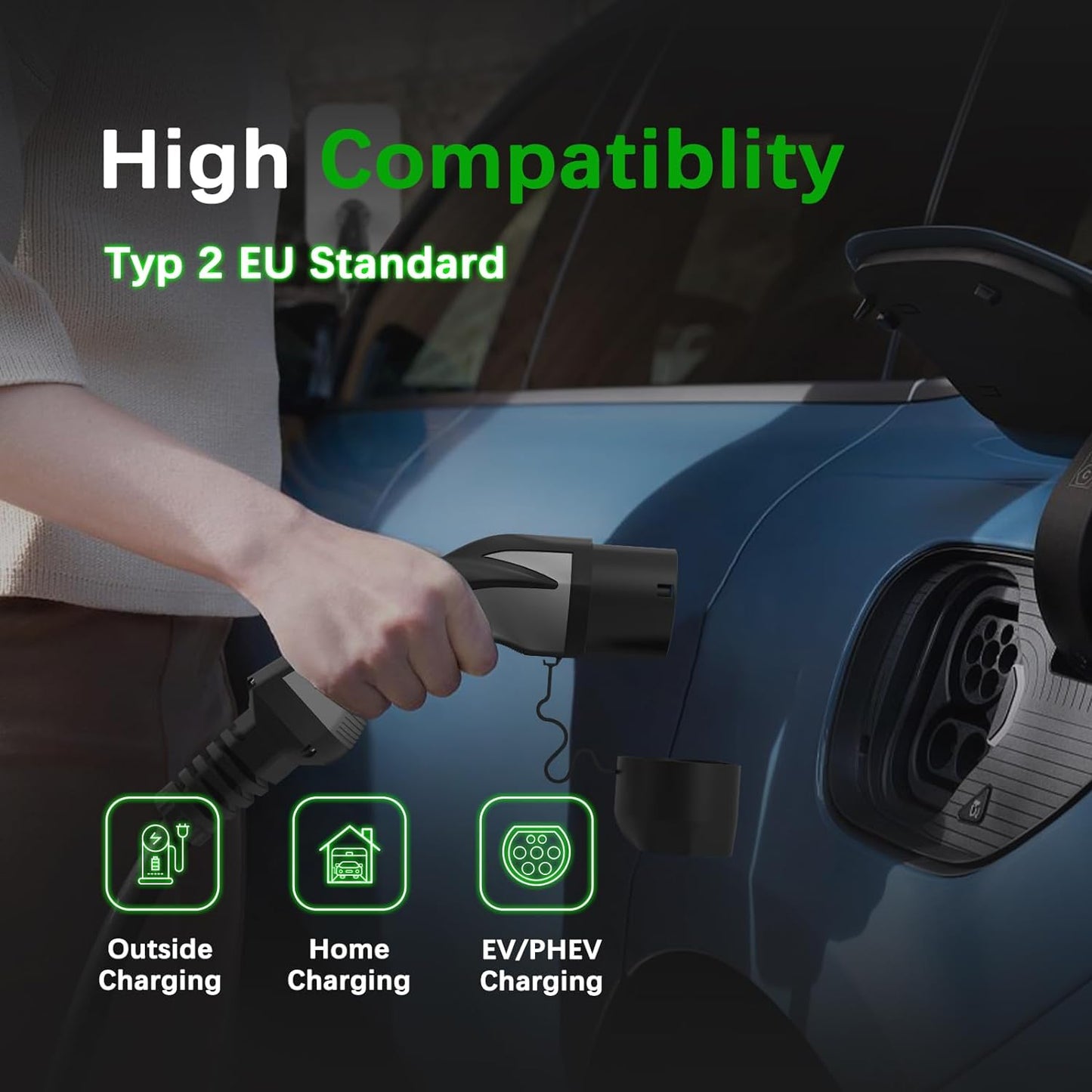 Cablu de incarcare EV pentru masini electrice, de 10 m, 22 kW 32 A, Trifazat, impermeabil IP 66, Type 2 la Type 2, EV/PHEV, cu geanta de depozitare si transport