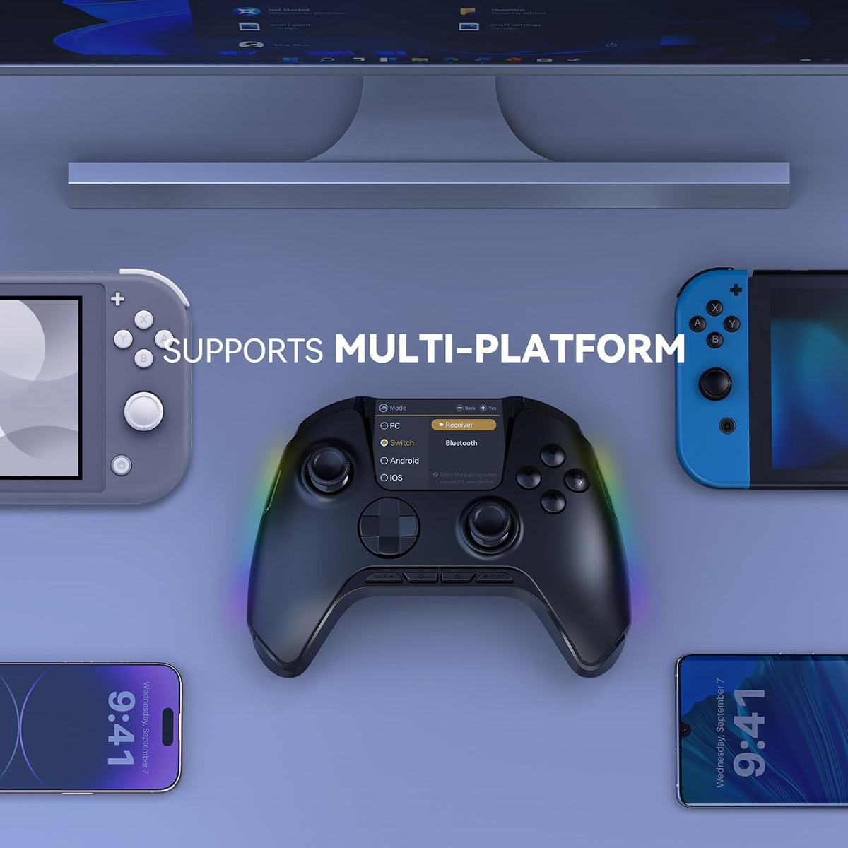 Controler wireless cu programare, display interactiv, butoane microswitch, joystick cu Hall Efect, lumini LED RGB, pentru PC, Switch, iOS, Android, negru