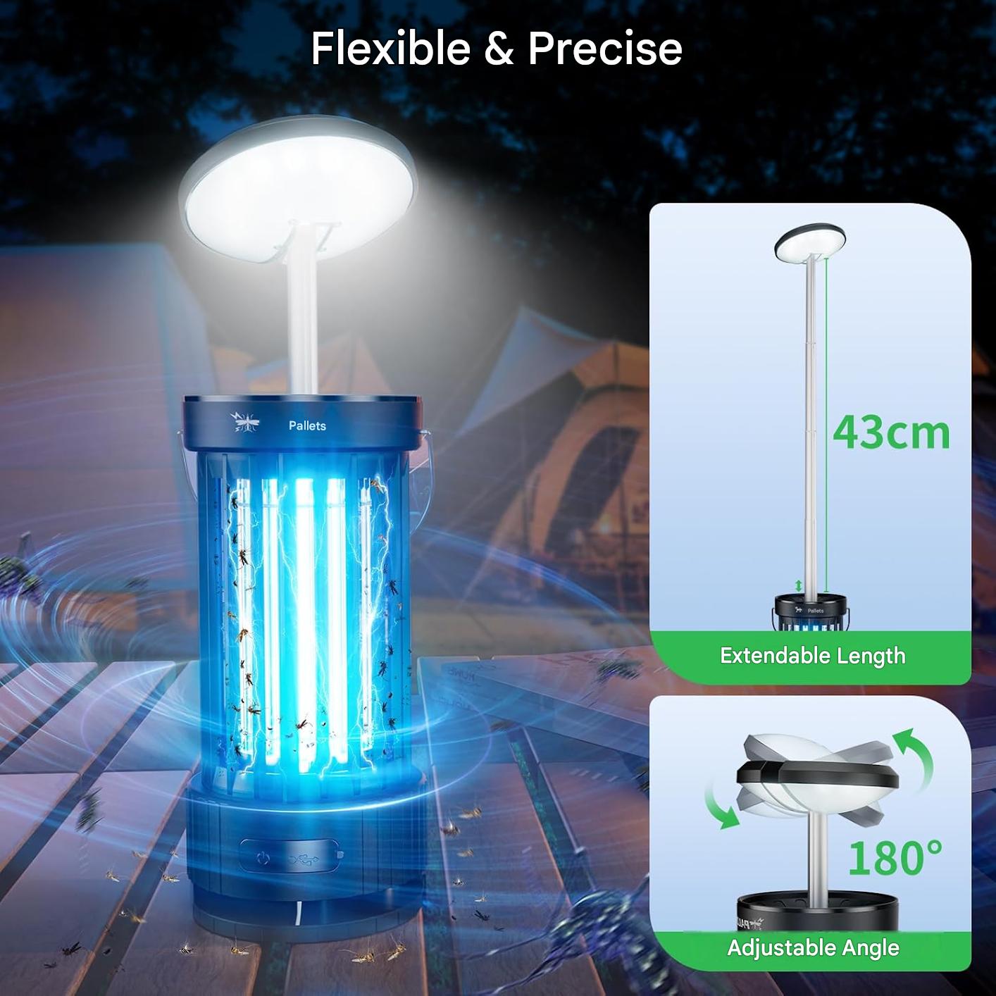 Lampa insecticid electric PALONE 4500V, baterie 4000 mAh, UV 365 nm, USB-C, extensibila cu LED reglabil, capcana anti-tantari 360°, utilizare interior si exterior, fara substante chimice