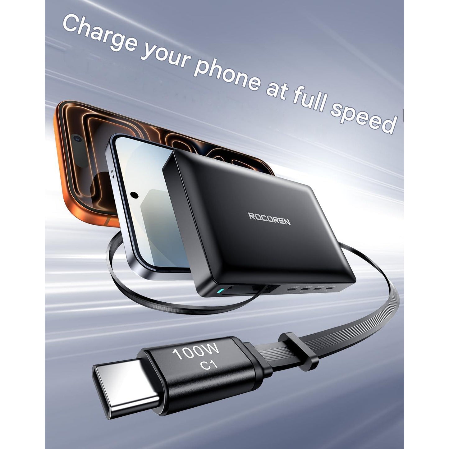 Statie de Incarcare multi-dispozitiv Rocoren 8 in 1 GaN 100W PD, cablu USB-C retractabil integrat 80 cm, incarcare rapida PD 3.0 / QC 4.0 / PPS, compatibil iPhone 17/16/15, MacBook, Samsung Galaxy, Pixel, laptopuri si tablete