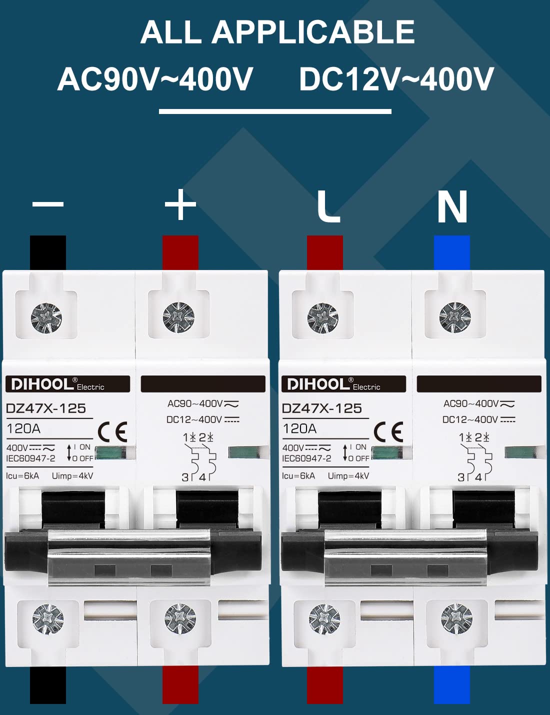 Set tablou de sigurante cu siguranta automata 120A DC 12V-400V sau AC 90V-400V, 2 poli, intrerupator solar automat pentru sistem fotovoltaic in carcasa impermeabila IP65