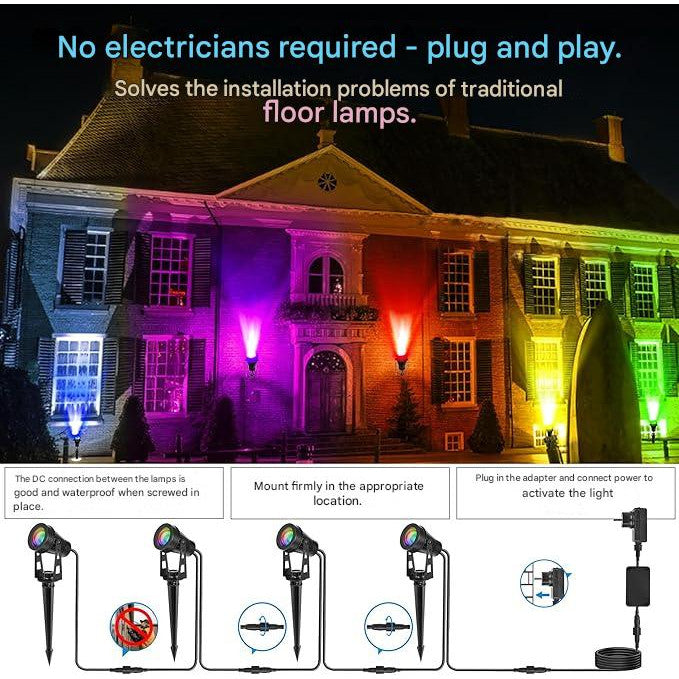 Set 6 lampi pentru gradina, RGB LED, 12 V, 18 W, 1200 lm, proiector cu telecomanda, impermeabil IP65, Iluminat exterior pentru gradina, curte, petrecere, copaci, cu tarus si cablu de 20 m
