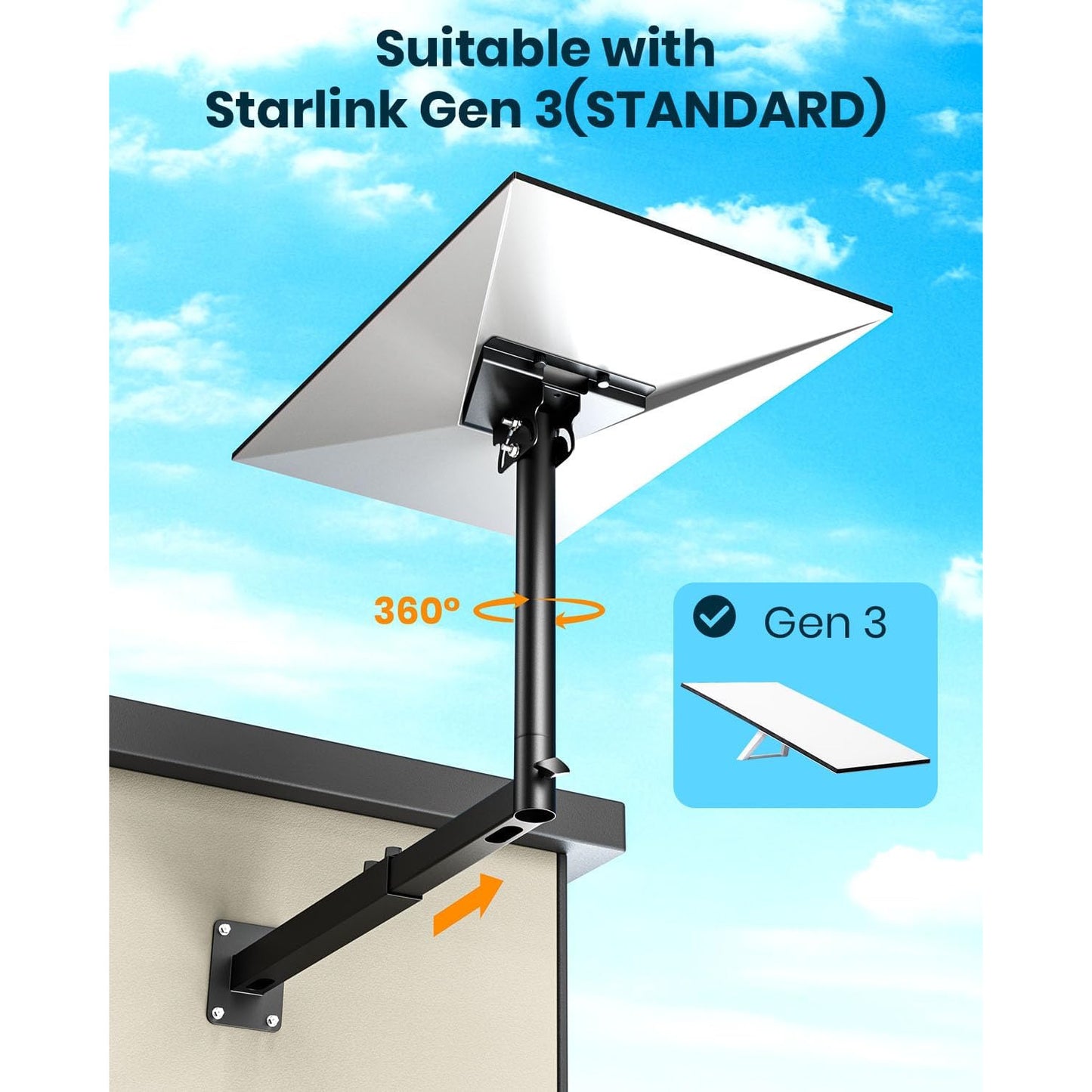 Suport pentru antena Starlink Gen 3, reglabil 360°, unghi inclinare 180°, cu adaptor teava, accesorii de fixare, montare pe perete si acoperis, din metal, negru