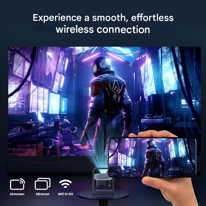 Vidoproiector portabil smart 4K, cu Android 13.0, WiFi 6, Bluetooth 5.2, rotativ la 270°, corectie E-Focus/trapezoidala, 25000 Lux, 1080P, cu USB 2.0, HDMI 2.1 si AUX 3, 5 mm, compatibil Smartphone, PC, Laptop, Tableta, PS5, pentru interior si exterior
