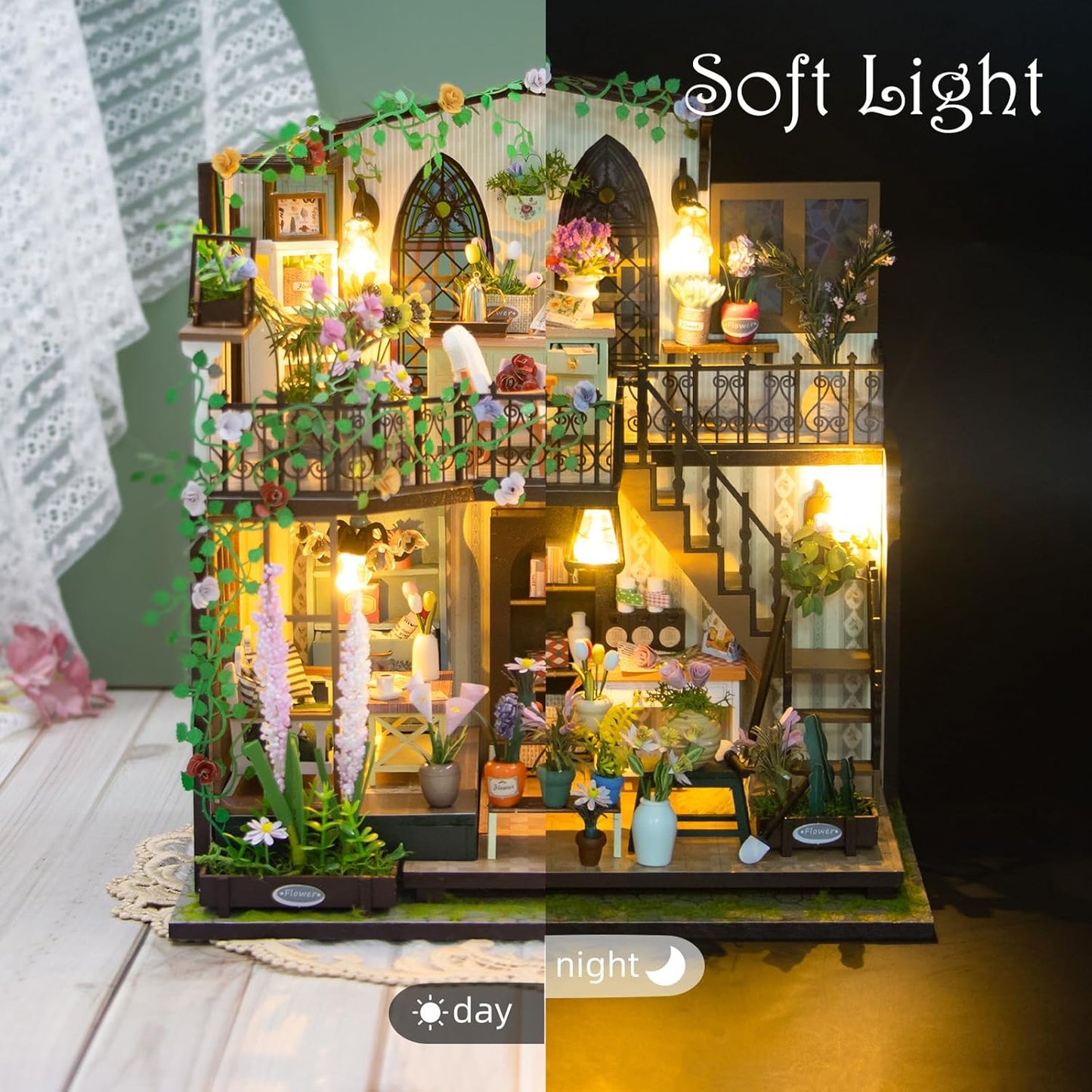Puzzle 3D Book Nook DIY Garden House, casuta in miniatura cu lumini LED 22 x 17 x 23 cm, accesoriu decorativ