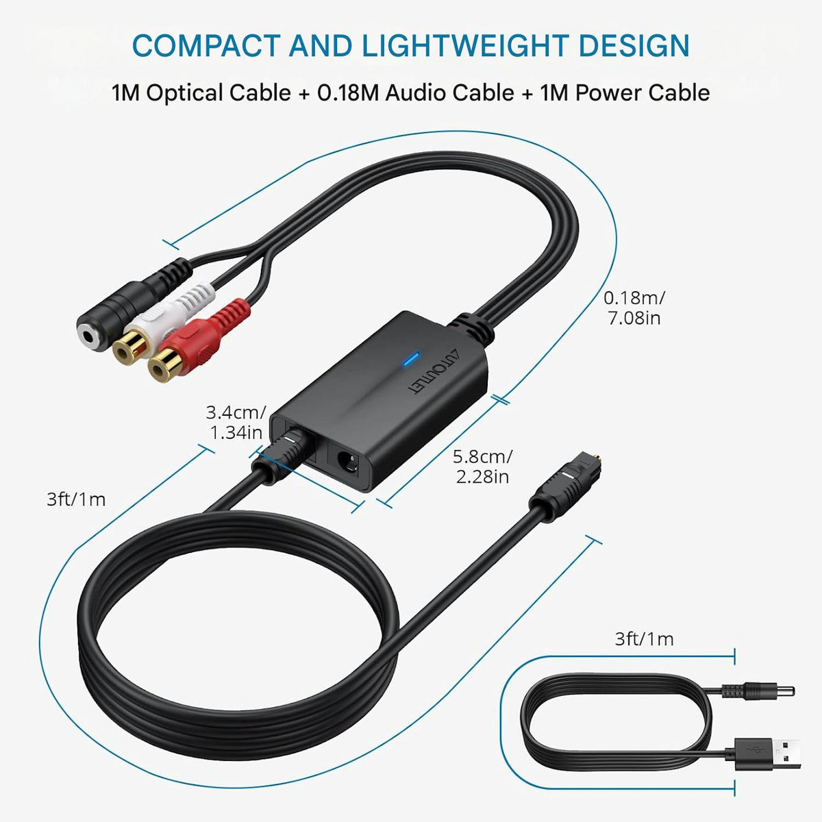 Convertor audio DA 192KHz de la digital la analog, SPDIF TOSLINK/OPTIC, cu cablu optic de 1 m, compatibil HDTV/DVD/Blu-ray/Xbox/PS3/PS4