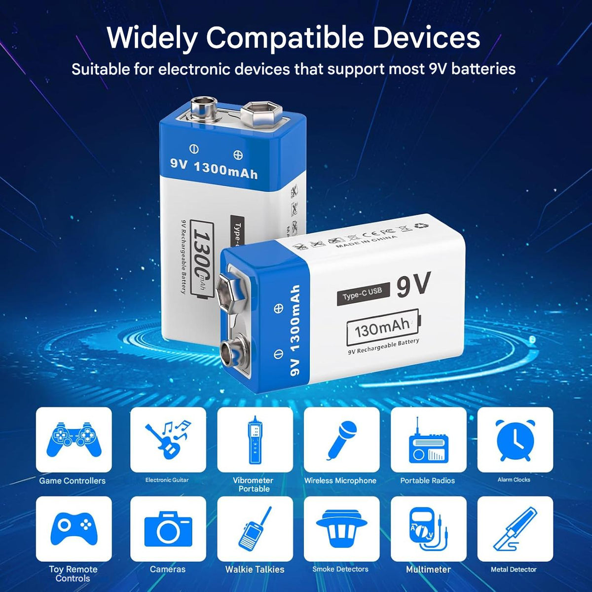 Set 4 baterii reincarcabile USB-C 9V, 1300 mAh, dimensiune standard, pentru detectoare de fum, microfoane wireless, dispozitive de iluminat LED si multe altele