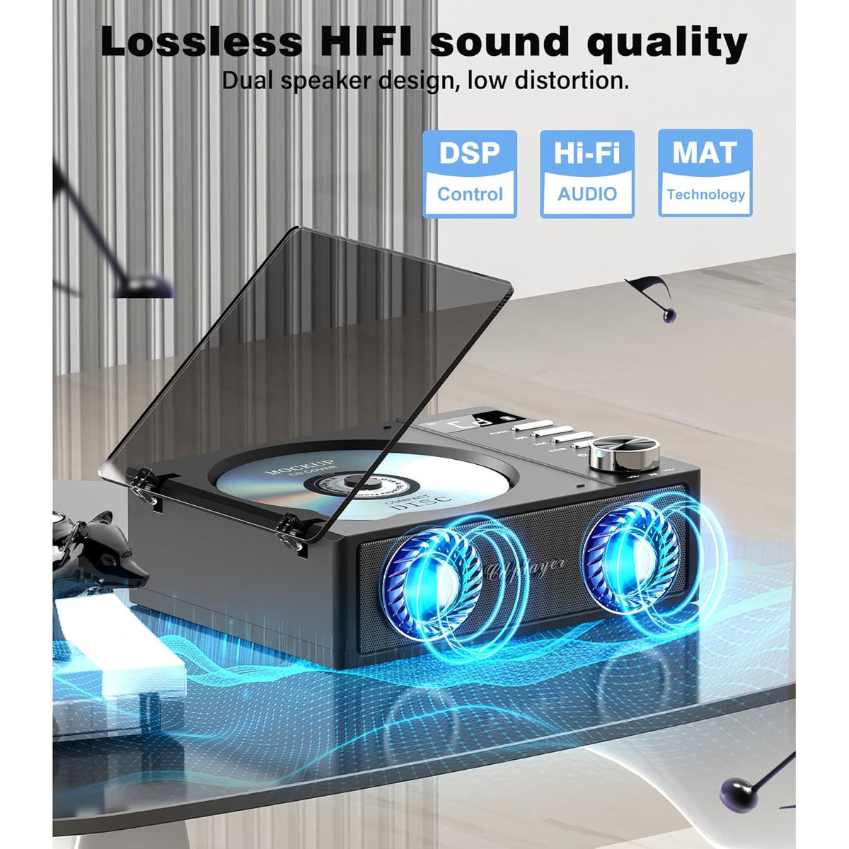 CD Player portabil cu Bluetooth 5.3, acumulator 4000 mAh, telecomanda, sunet HiFi, display LED, difuzor incorporat, cu Radio, USB, TF, AUX si port iesire optica, negru