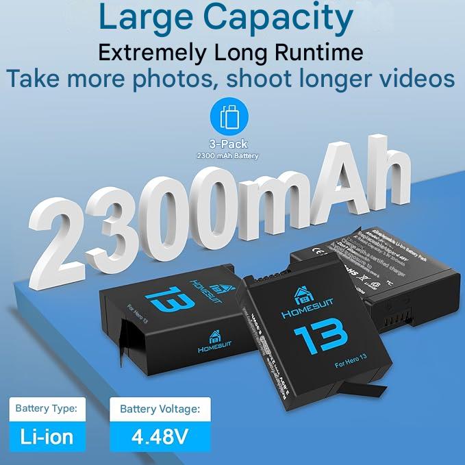 Set 3 acumulatori Homesuit AHDBT-901 pentru GoPro Hero 13 Black Enduro, 2300 mAh si incarcator cu 3 canale, cu afisaj LCD, capac, cablu USB Type-C