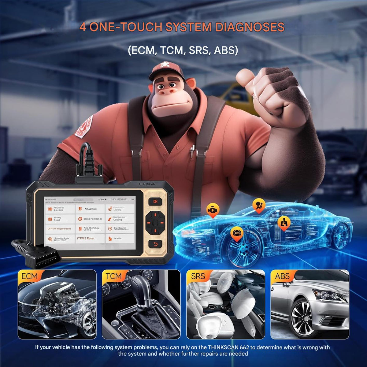Tester auto ThinkScan 662, OBD2 scanner, ECM/TCM/SRS/ABS, 12 functii de resetare, negru/galben