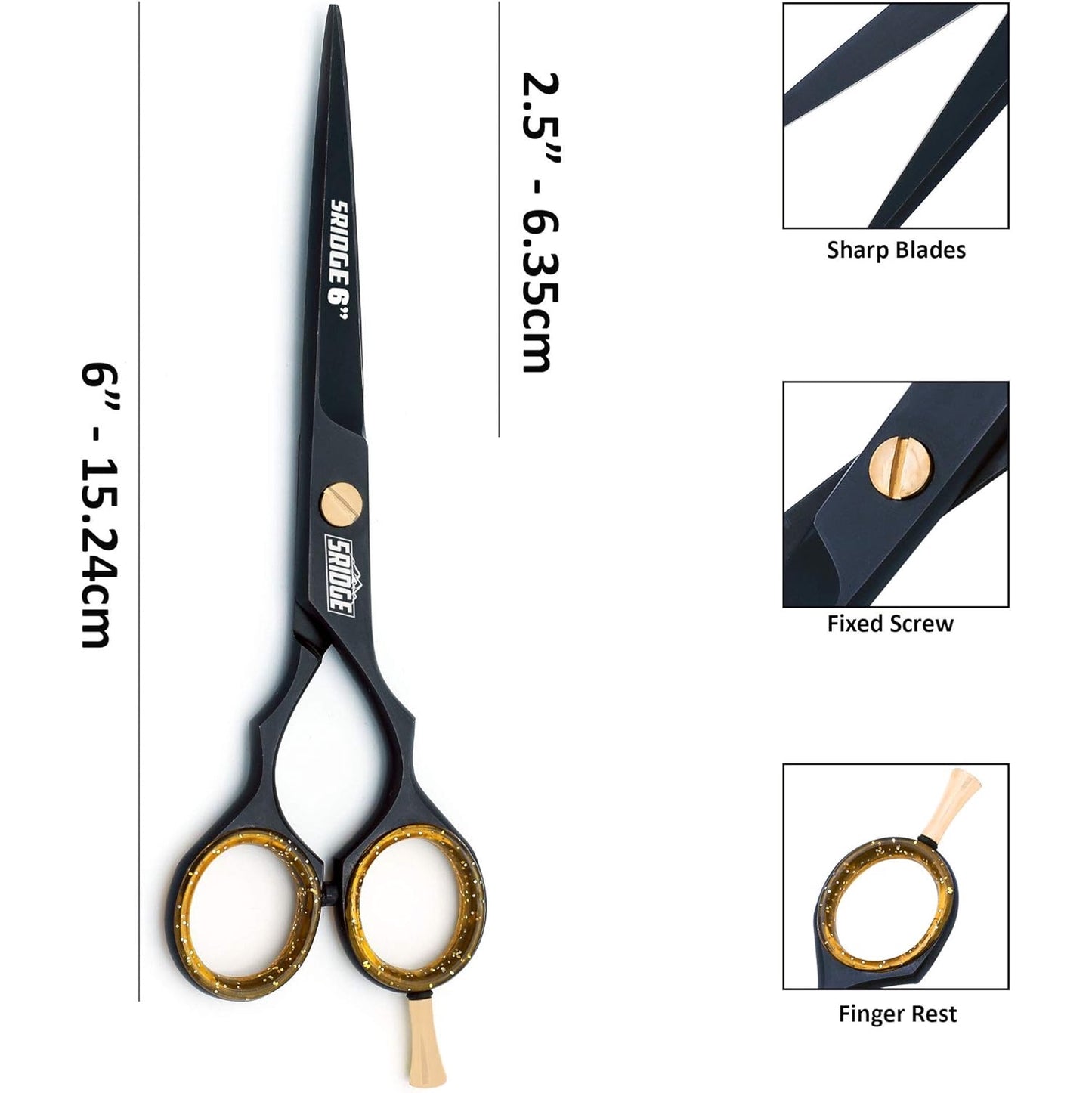 Foarfeca profesionala de tuns pentru frizerie, salon, coafor, din otel inoxidabil, 15, 2 cm, cu lame convexe ascutite, tensiune reglabila, protectie degete detasabila, taiere par si varfuri despicate, multifunctional, negru