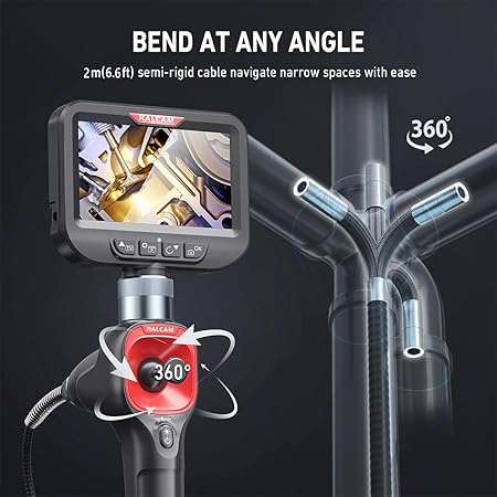 Endoscop industrial, camera de inspectie 6, 2 mm articulata cu tub semirigid de 2 m, endoscop pivotant la 360°, camera de inspectie HD 720P, cu ecran IPS de 4, 3 inch 1080P, camera cu 6 LED-uri, IP67, memorie 16GB