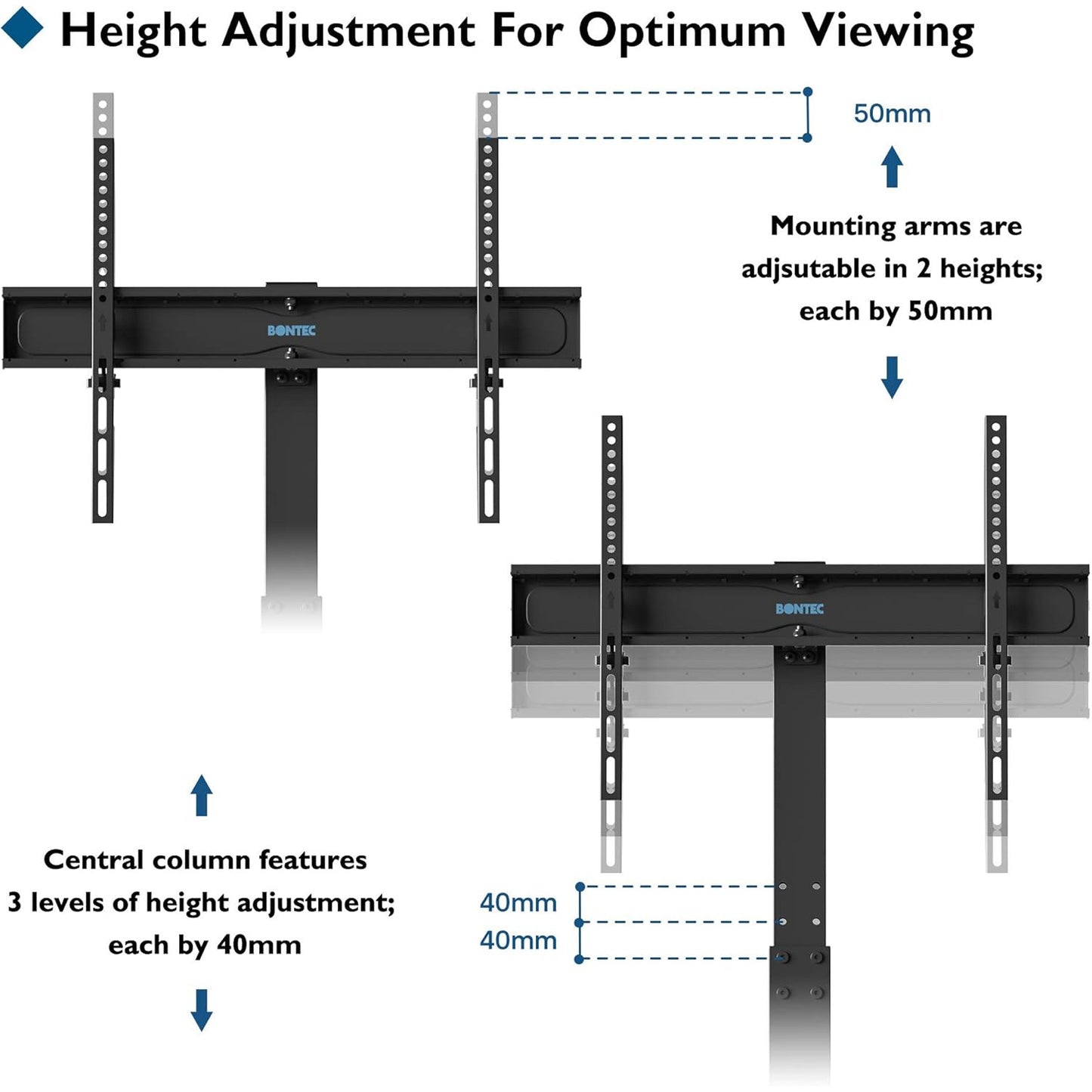 Suport TV, stand pentru televizor 30-70 inch plat si curbat, VESA 600 x 400 mm, greutate suportata 40 kg, inaltime reglabila, brat pivotant, rafturi din sticla, negru