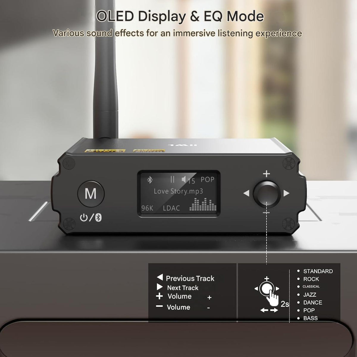 Receptor HiFi 1Mii DS220 Bluetooth 5.3 cu DAC ES9018K2M - LDAC / aptX HD / aptX LL, afisaj OLED, Mod EQ, adaptor audio stereo Hi-Res pentru amplificator, boxe, TV, RCA / Optic / USB, sunet audiofil fara fir