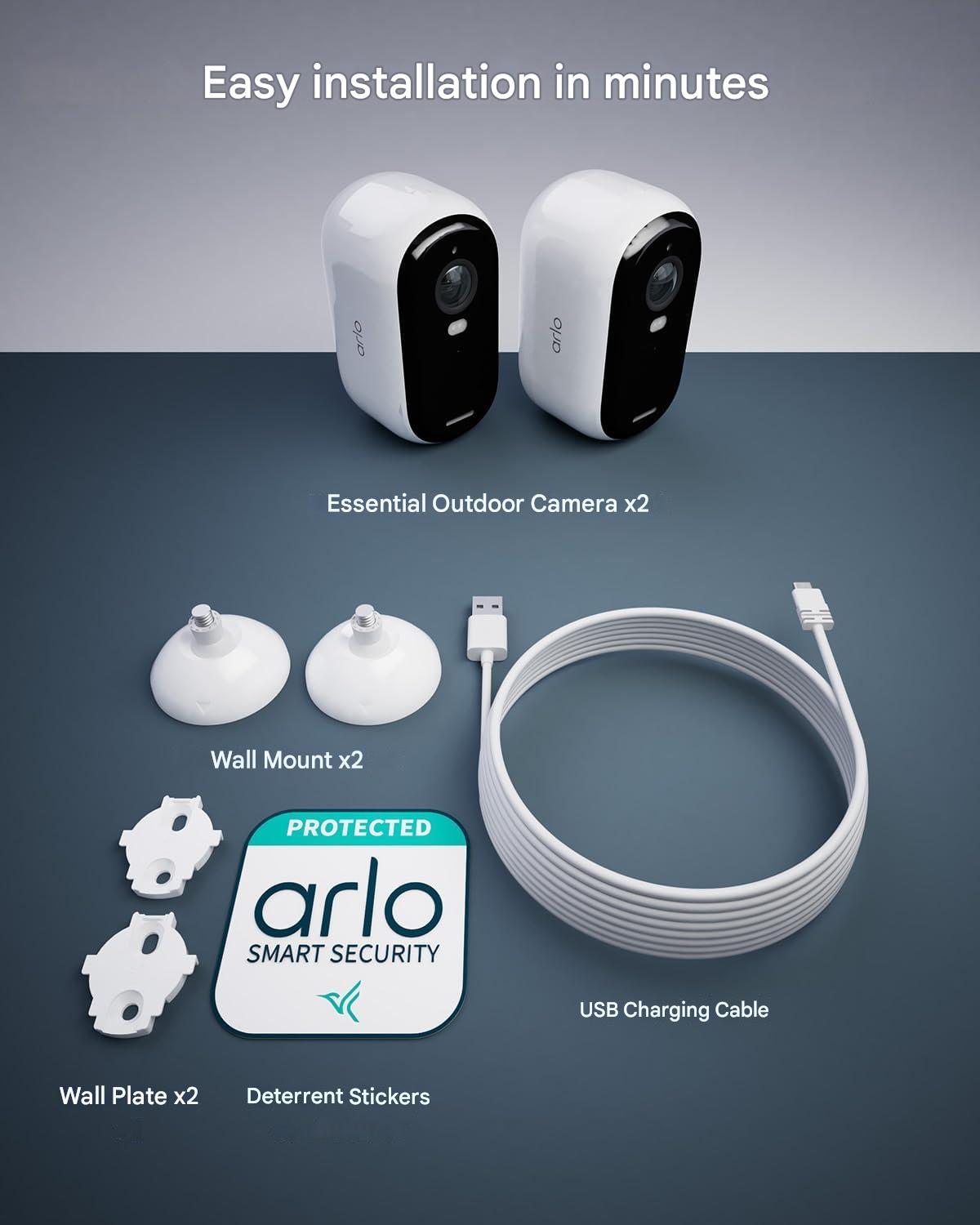 Camera De Securitate Exterioara Arlo Essential 2 Hd Alimentata Cu Baterie, Cu Wi-Fi, Wireless, Video 1080P, Vedere Nocturna Color, Lumina, Detector De Miscare, Sirena, Audio Bidirectional, Smart Home + Versiune De Proba A Planului Arlo Secure, Set De 2