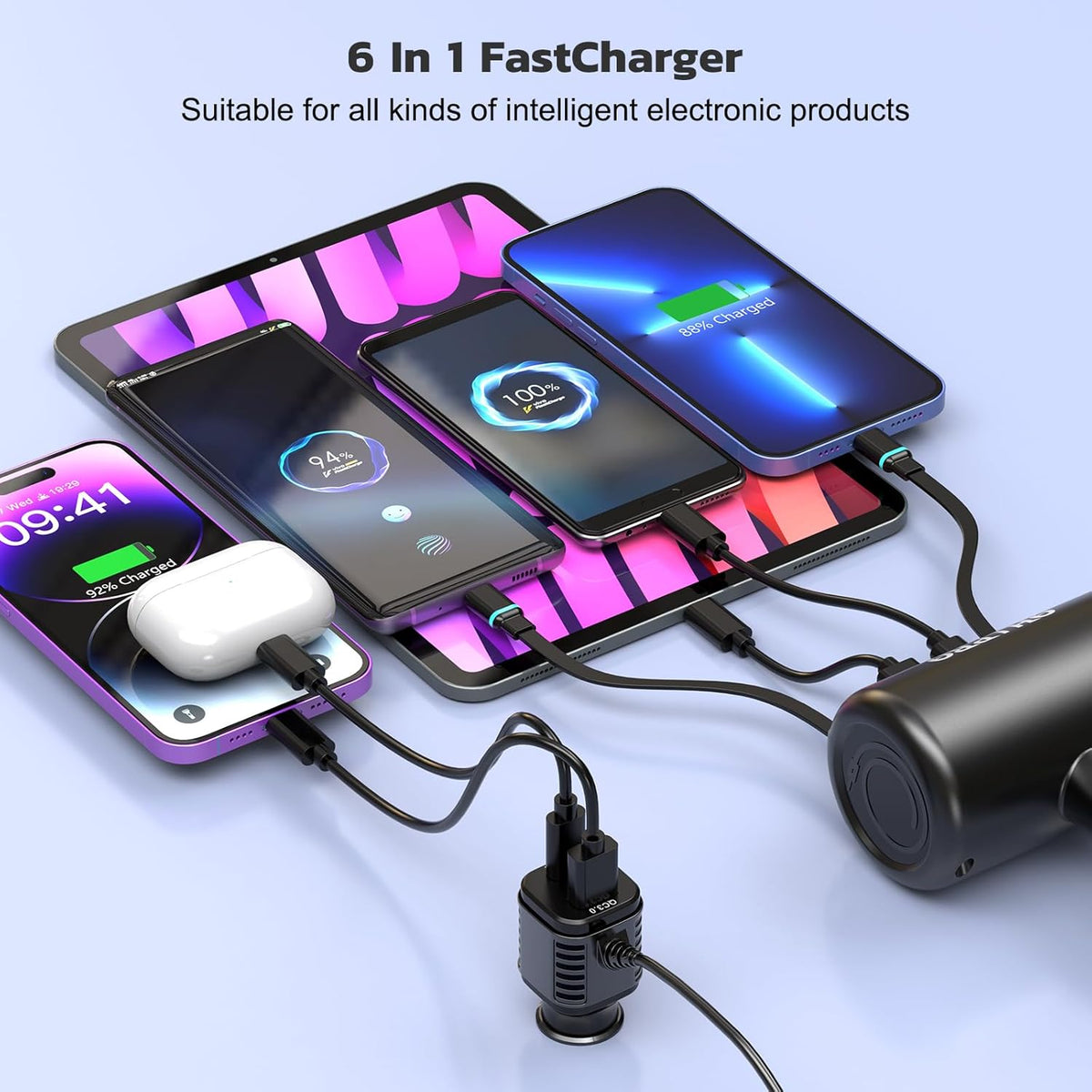 Incarcator auto 6 in 1 pentru tetiera, 110 W, retractabil, PD&Quick Charge 3.0, 6 porturi de incarcare, lumina LED albastra, adaptor incarcator auto compatibil cu iPhone 16/15/14/Pro, Samsung, Google, accesorii de calatorie