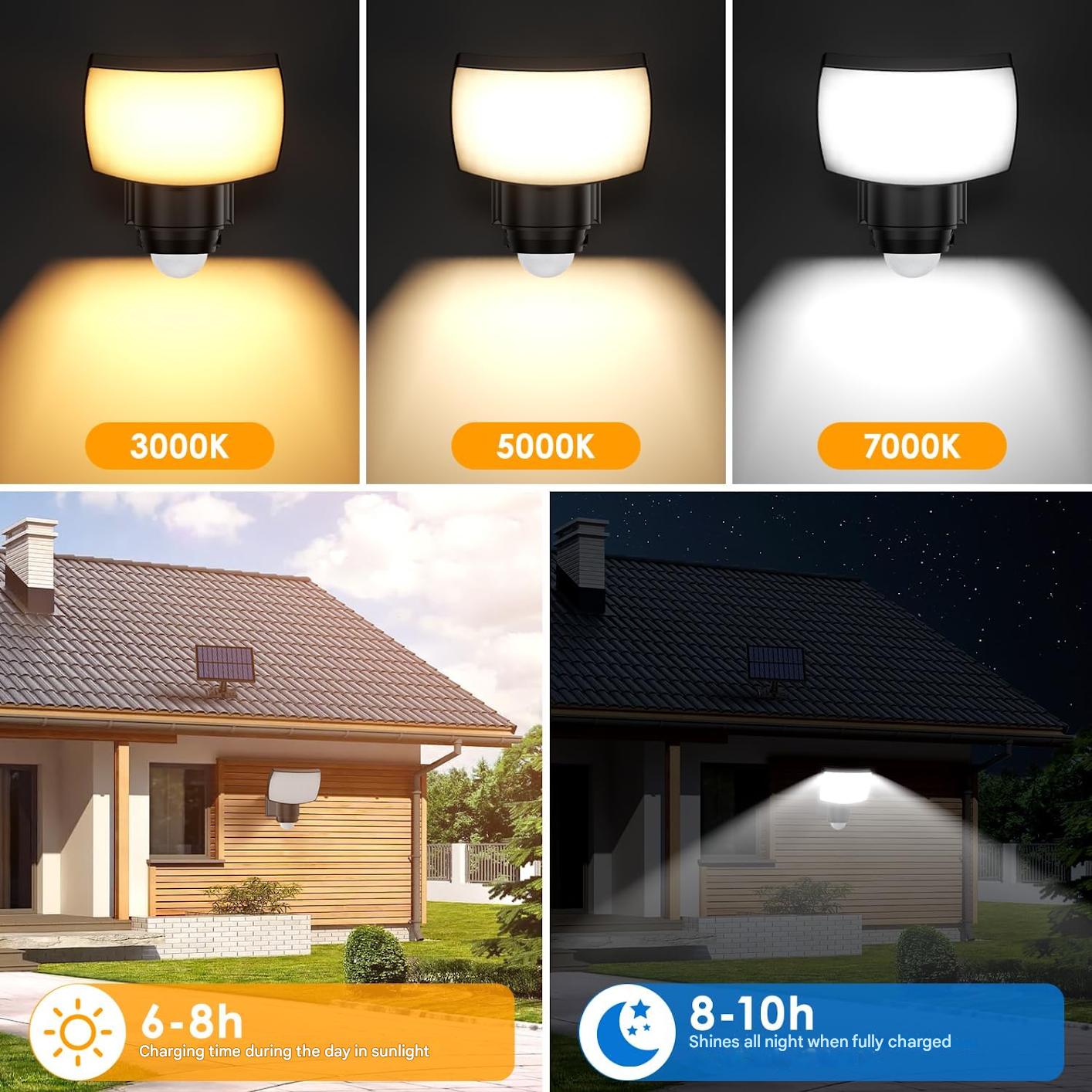 Lampa solara cu telecomanda si senzor de miscare, impermeabila IP65, 3 temperaturi culoare, 3000/5000/7000K, unghi iluminare 120°, cablu de 5 m, pentru garaj, gradina, curte