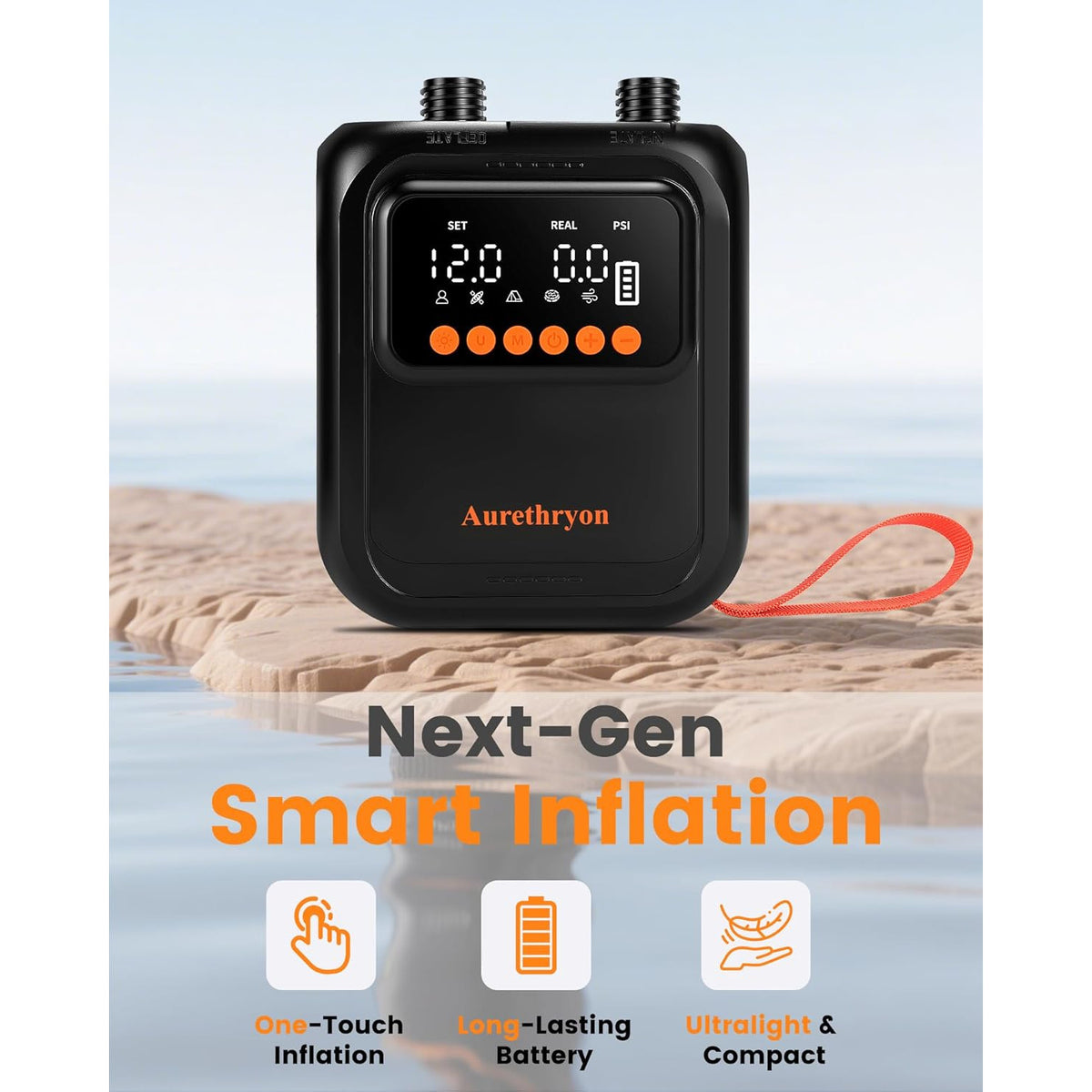 Pompa electrica portabila SUP Aurethryon, baterie 13500 mAh, presiune maxima 20 PSI, oprire automata, afisaj LED, lanterna integrata, alimentare 12V si USB-C, 7 duze incluse, negru