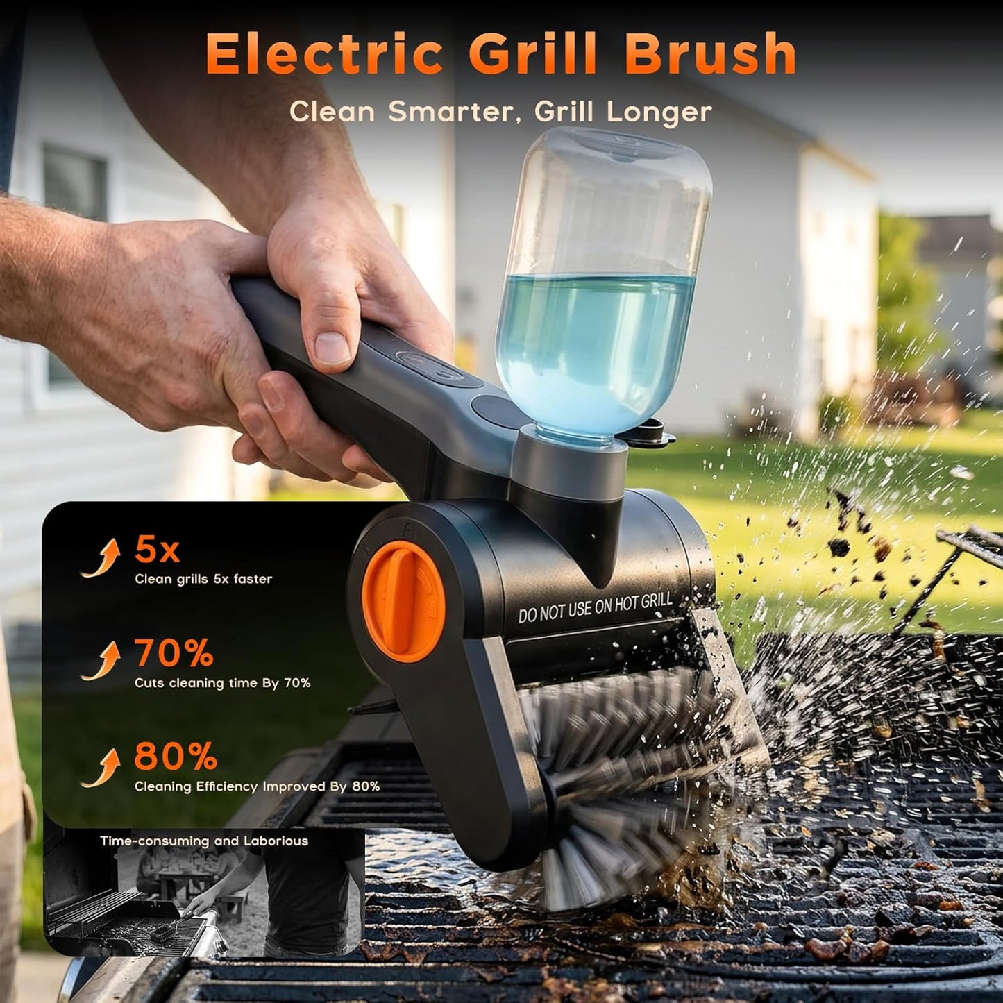 Perie electrica profesionala pentru curatat gratare 100W, 8000 RPM, curatare automata 360°, rezervor apa 300ml cu pulverizare, baterie 2600mAh 7.4V, 2 viteze, IPX8 waterproof, peri otel inoxidabil 304, incarcare USB-C, set complet cu accesorii si geanta