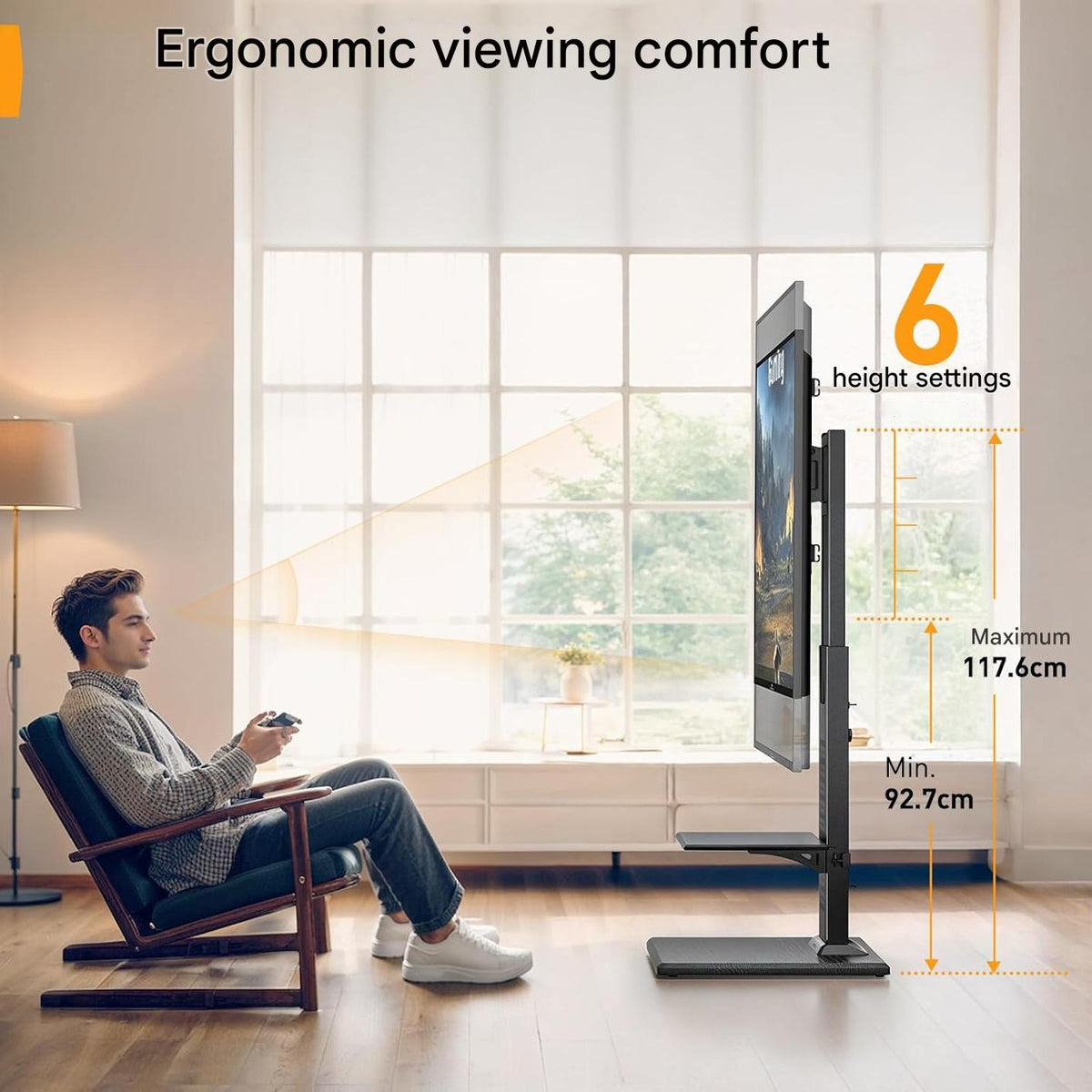Suport TV, stand pentru televizor 32-86 inch, VESA 600 x 400 mm, pana la 60 kg, 6 reglaje de inaltime cu raft, baza eleganta din lemn