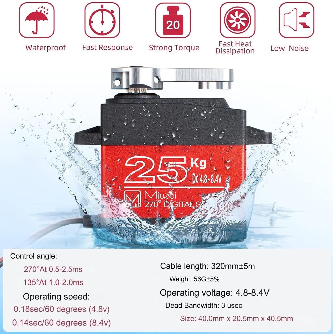 Set de 2 servomotor 25 kg, unghi operare 270°, angrenaj metalic, impermeabil IP66, cu accesorii, pentru barca RC, masina RC, brat robot, model avion, model elicopter