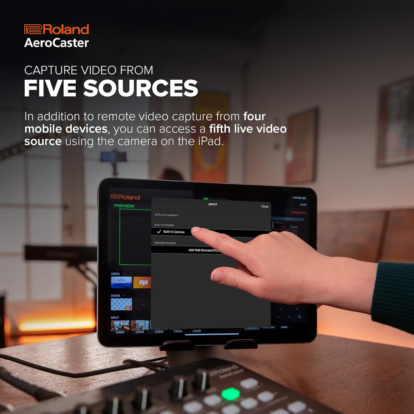 Sistem streaming live Roland AeroCaster VRC-01, sistem wireless multi-camera pentru transmisii video live, control hardware si interfata audio, compatibil iPad si smartphone, streaming YouTube/Facebook/Twitch, pana la 4 camere simultan, efecte tranzitie
