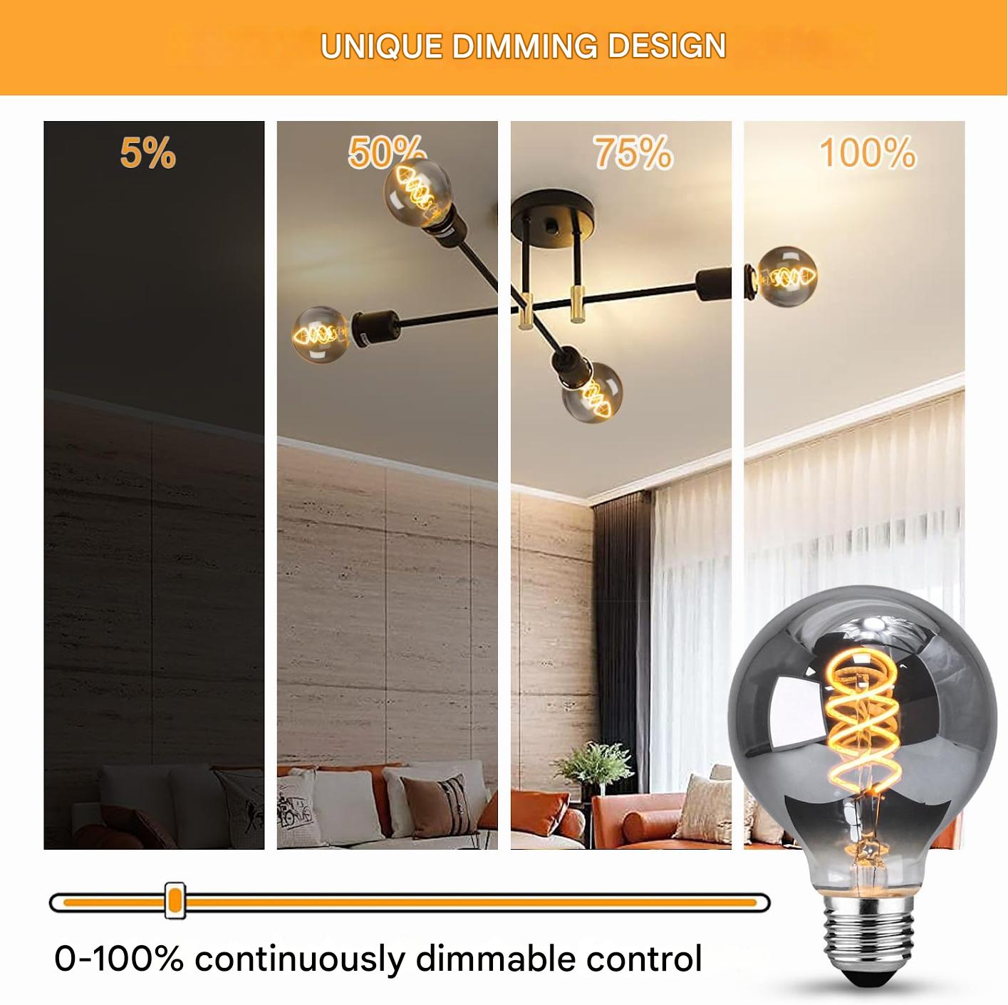 Set 6 bec LED vintage Edison E27, becuri de 4W alb cald, dimabile, CRI 90+, sticla fumurie, iluminare retro in casa, cafenea, restaurant