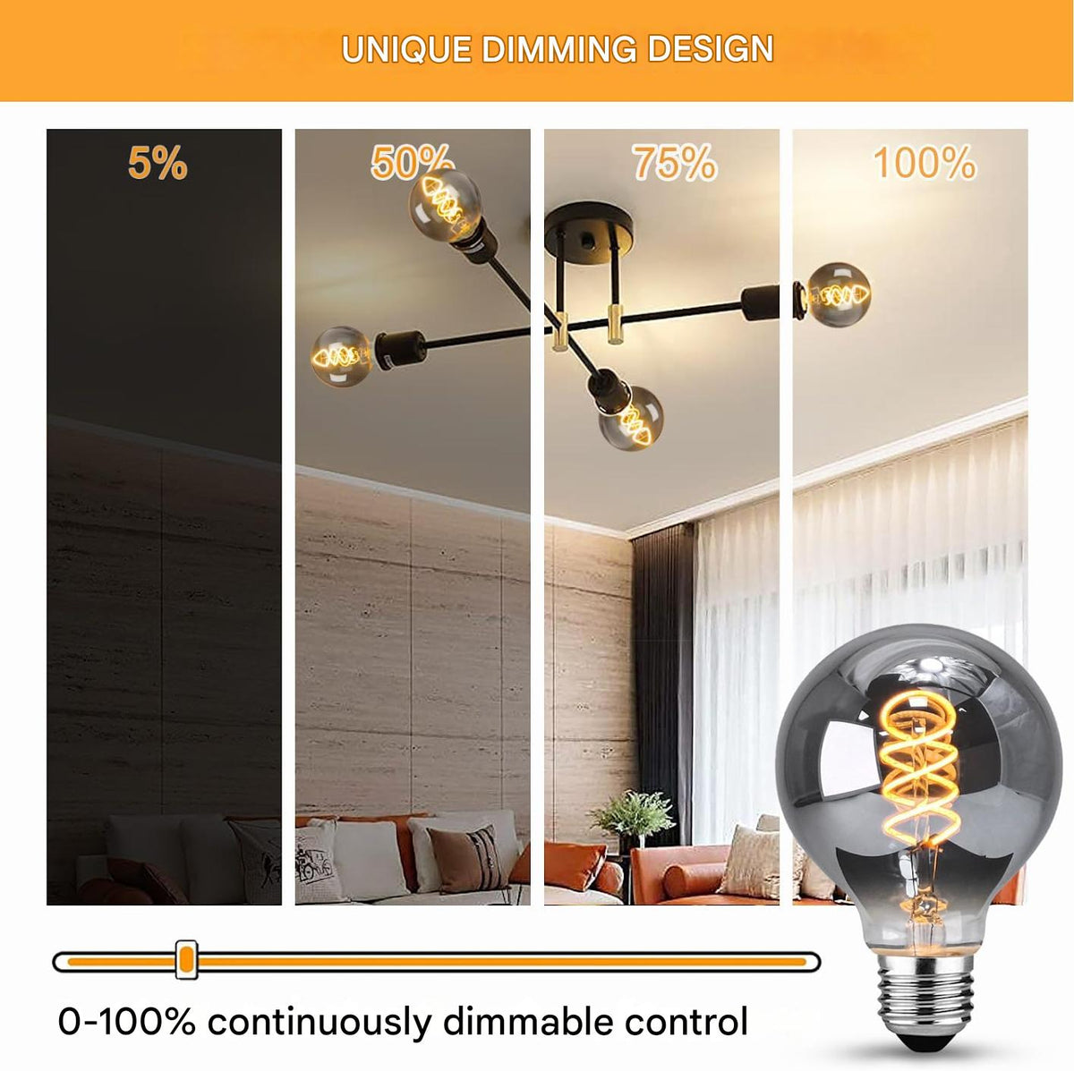Set 6 bec LED vintage Edison E27, becuri de 4W alb cald, dimabile, CRI 90+, sticla fumurie, iluminare retro in casa, cafenea, restaurant