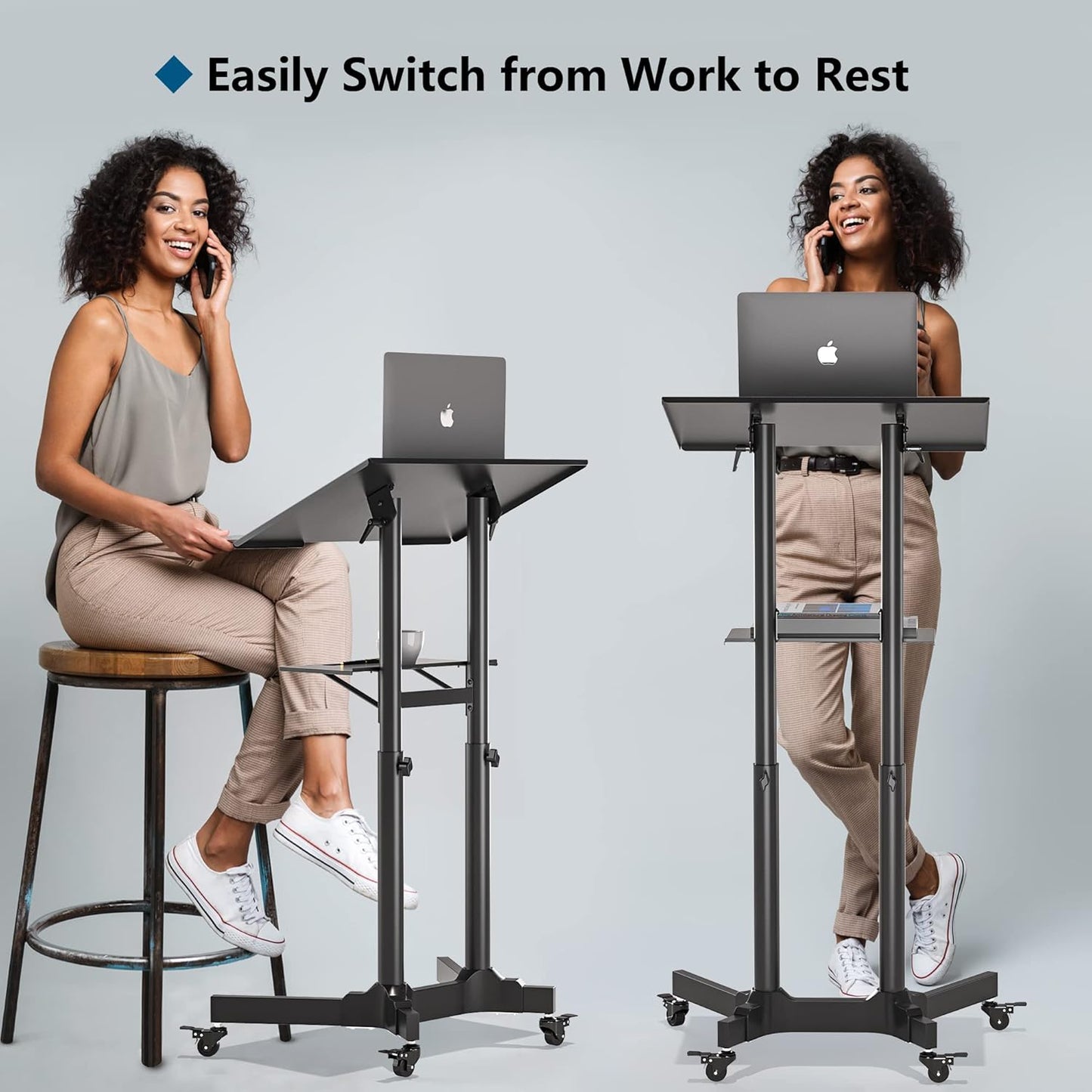 Suport mobil pentru laptop, stand cu inaltime reglabila, suporta greutate pana la 20 kg, unghi reglabil 0-40°, roti cu blocare, multifunctional, negru