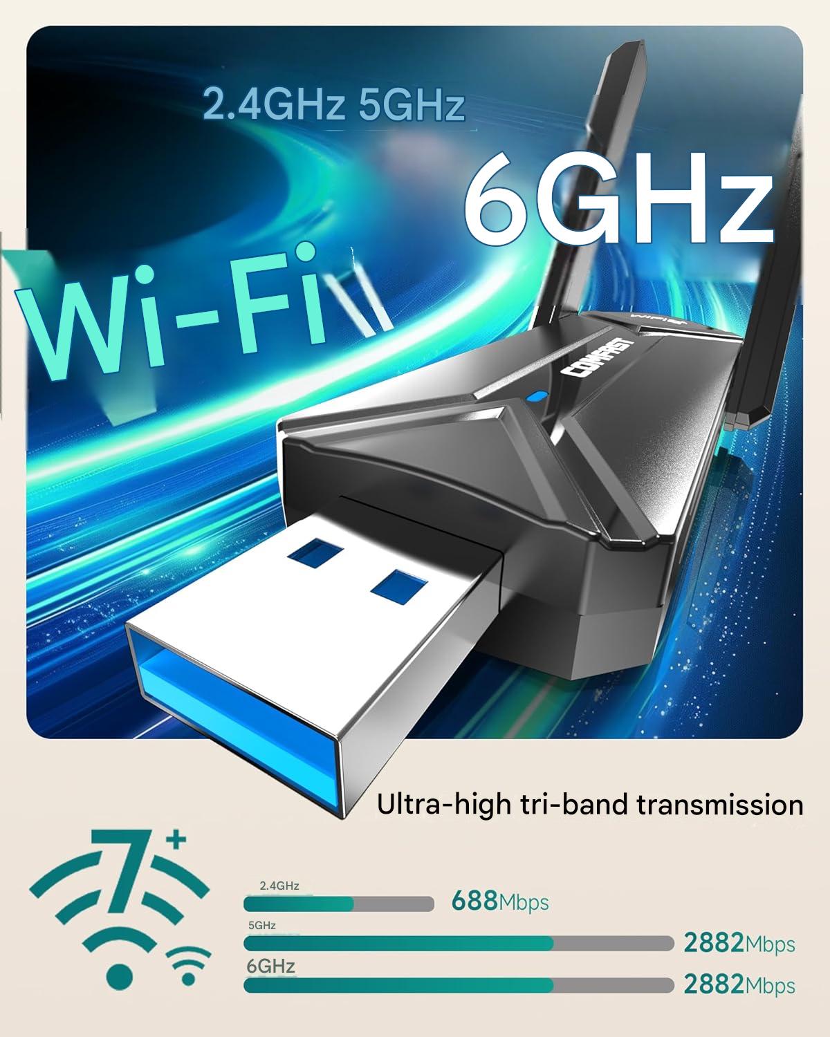 Stick WLAN USB COMFAST CF-983BE-1 WiFi 7, adaptor Wireless BE6500, viteza pana la 6500 Mbps, Tri-Band 2.4GHz/5GHz/6GHz, interfata USB, compatibil Windows 10/11, pentru Laptop si Desktop PC, negru