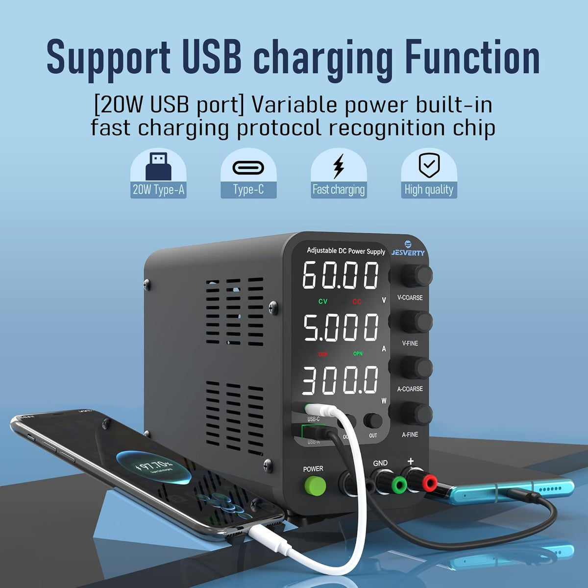 Sursa de alimentare de laborator 60 V, 5 A, CC, cu reglaj fin si grosier prin codificator, USB-C si USB-A 20 W, protectie supracurent OCP, ventilator de racire, intrare AC115V/230V, Jesverty