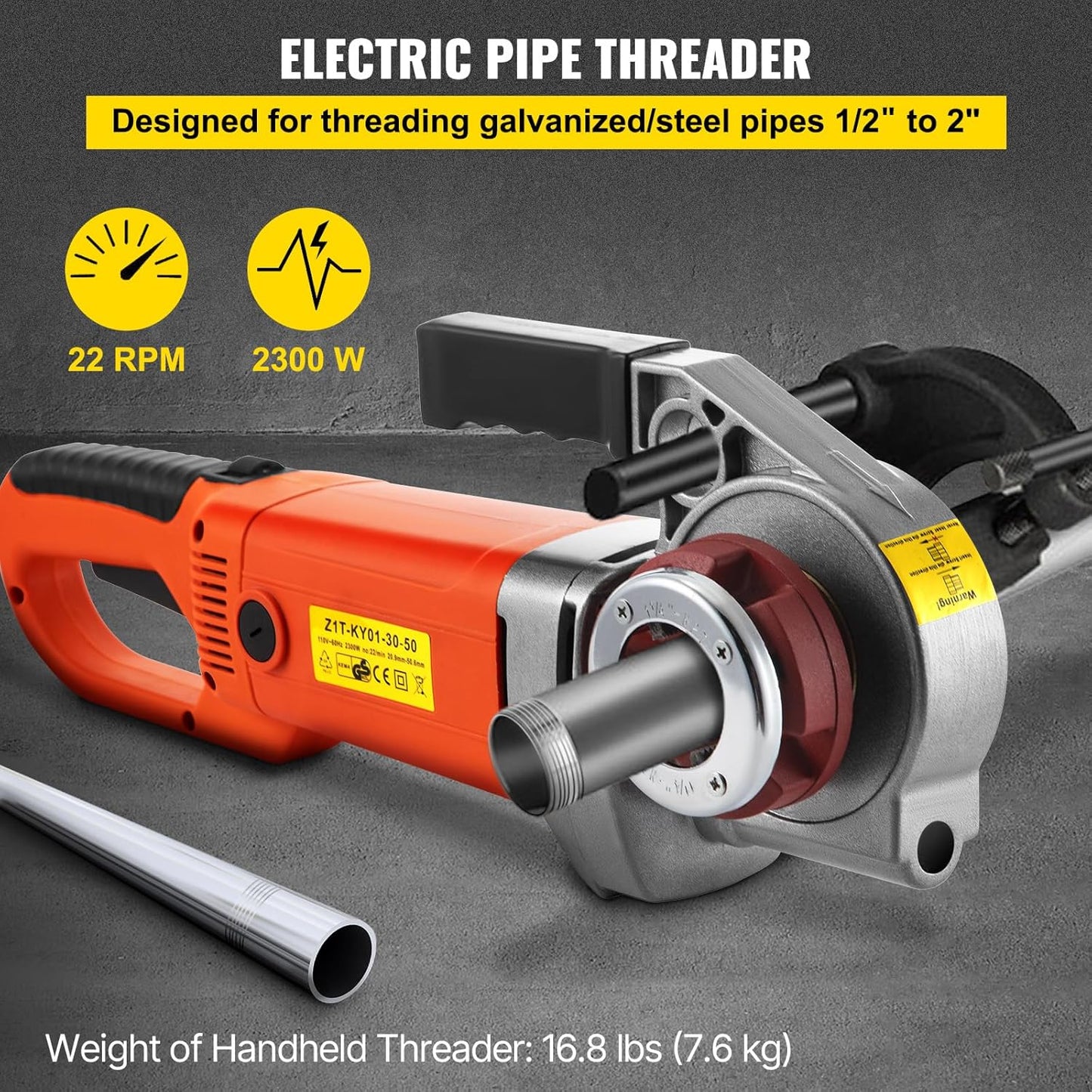Masina de filetat VEVOR portabila 2300W 220V UE, filet electric tevi 1/2"–2", 6 matrite incluse, motor cupru 22 RPM, sistem reversibil, geanta transport, pentru tevi metalice, galvanizate si plastic, profesional
