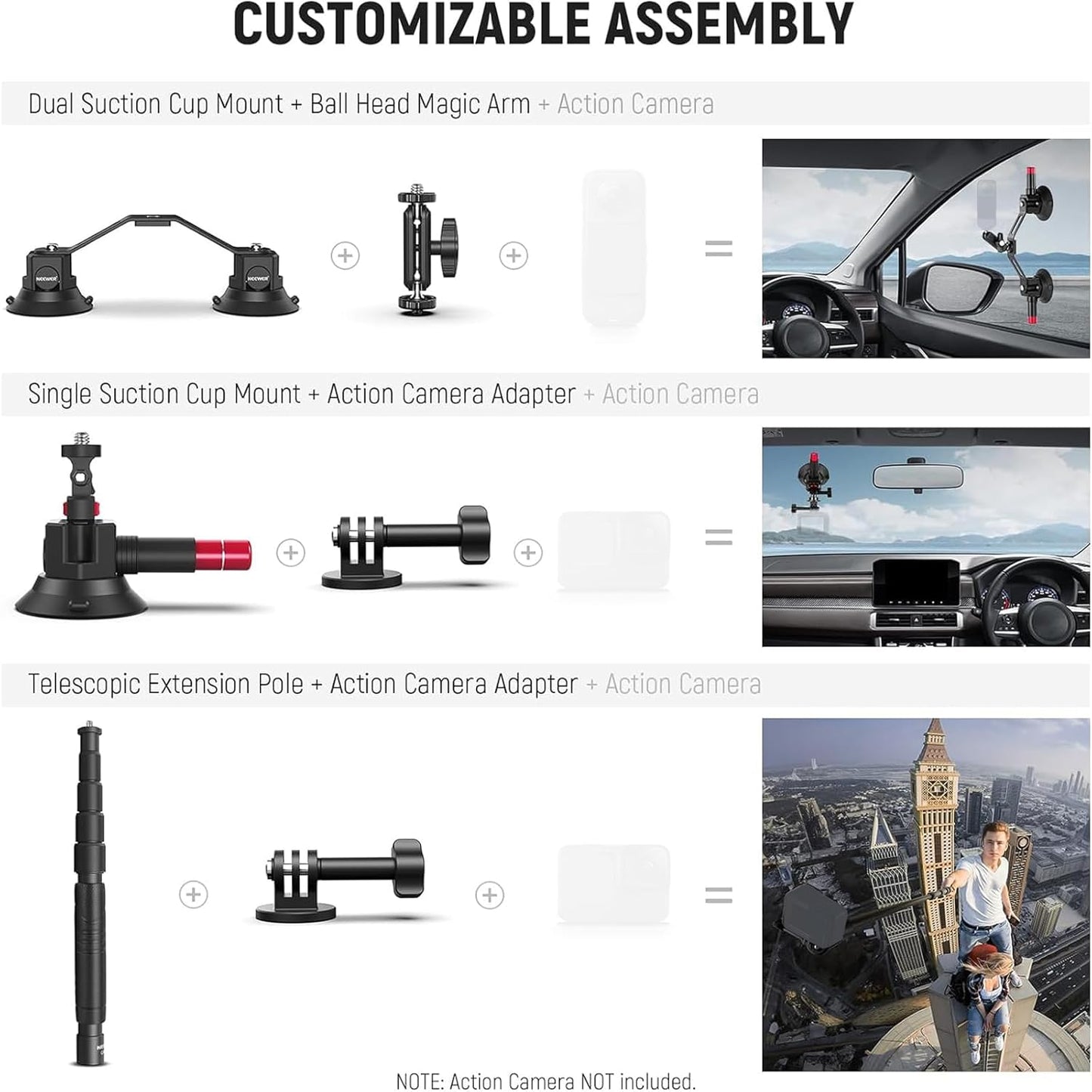 Suport auto 2 in 1 pentru camera si telefon, rotativ 360°, cu trei ventuze, tija telescopica extensibila, folosit pentru exterior in timpul deplasarii, suport pentru camera cu eliberare rapida, compatibil cu GoPro, Insta360, DJI OSMO Action